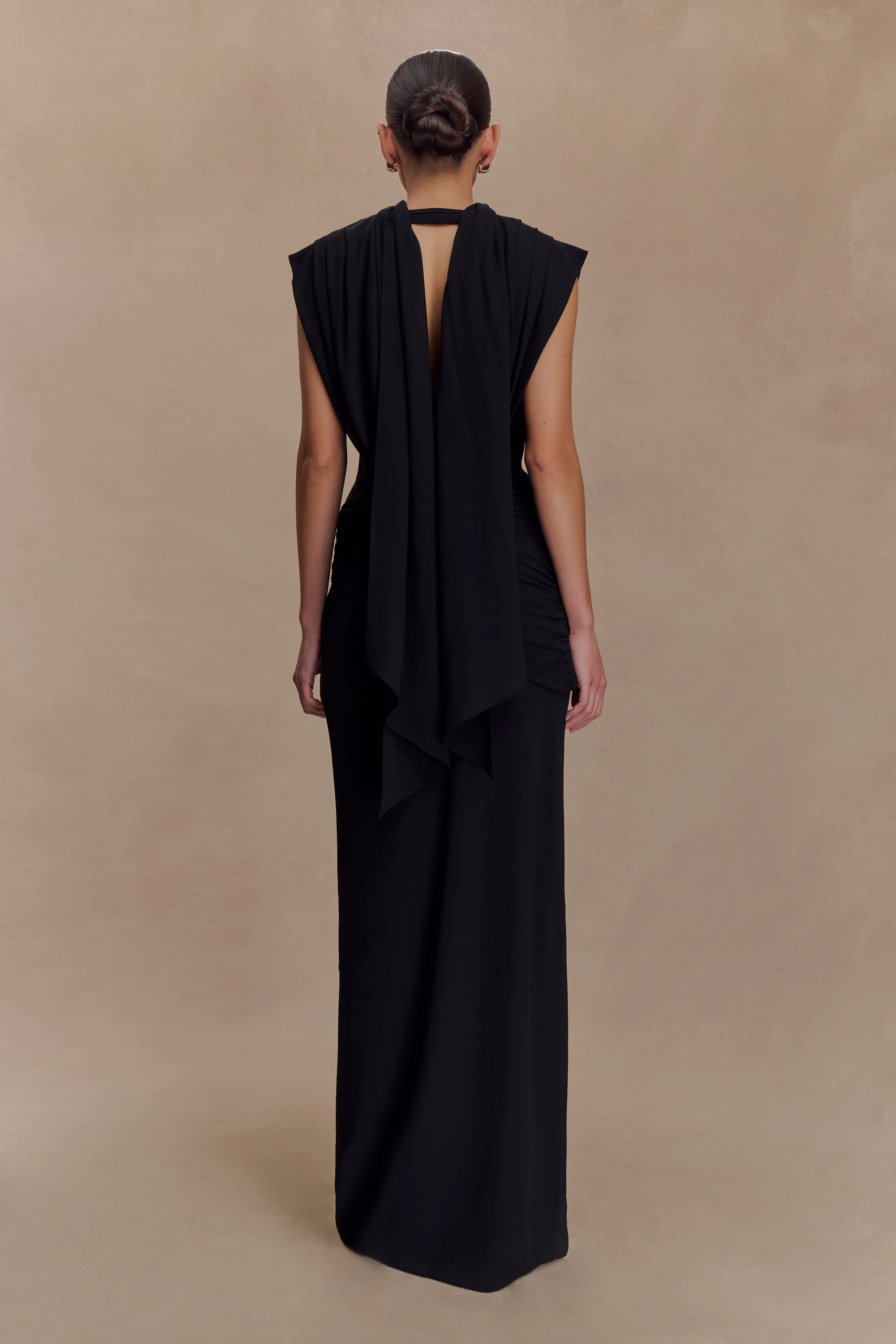 Giulia Chiffon Draped Maxi Dress - Black Bride Side Eye Catching