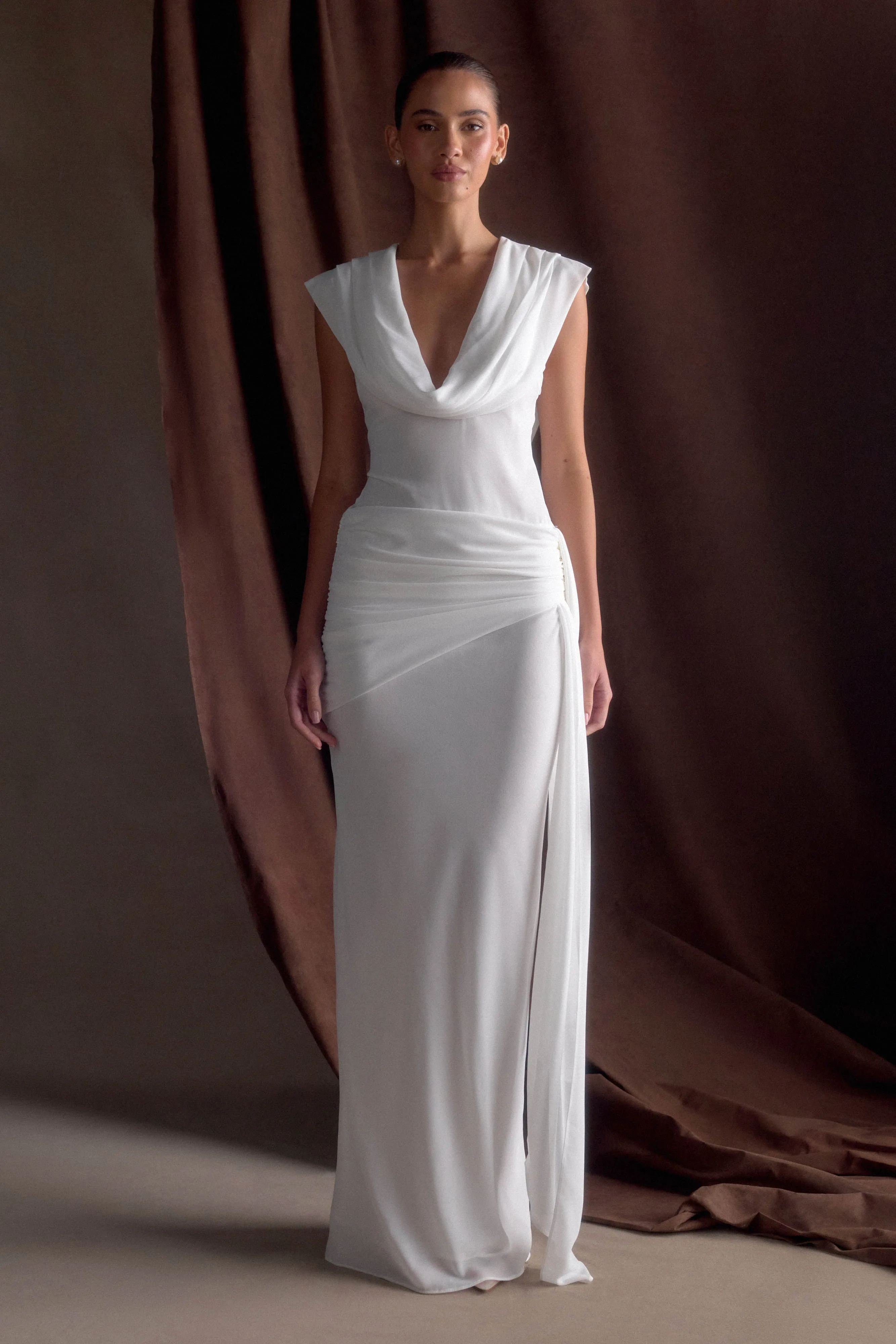 museum visit Polished Details Giulia Chiffon Draped Maxi Dress - White