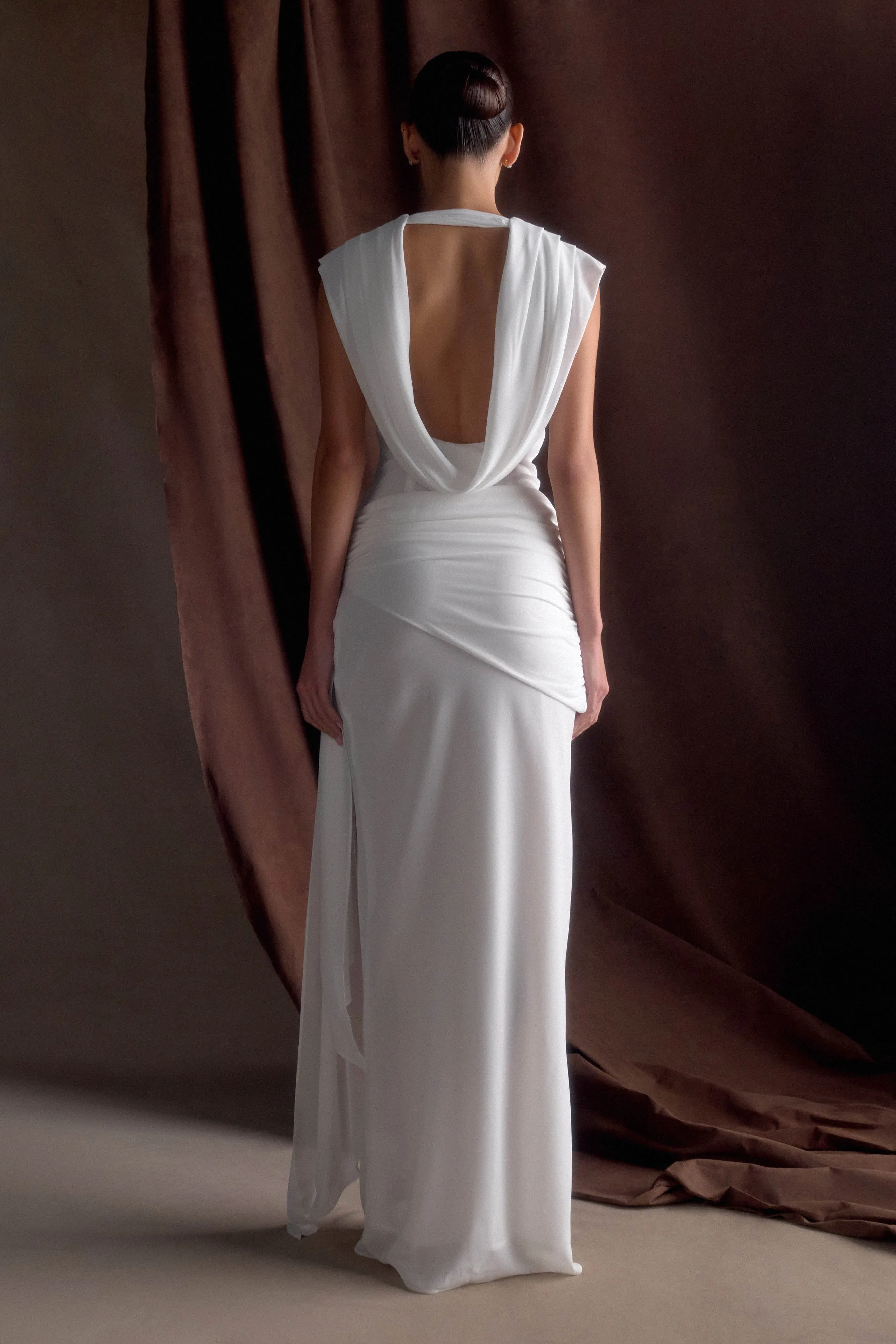 Giulia Chiffon Draped Maxi Dress - White Feminine off-the-shoulder gown