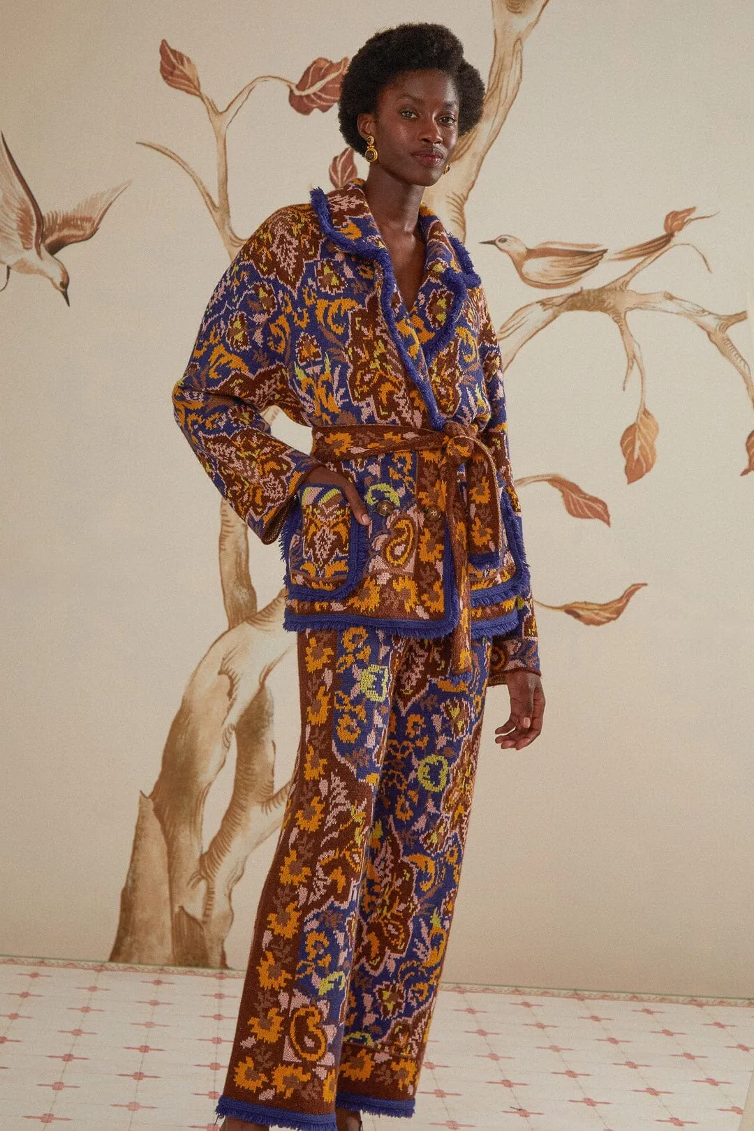 Glam Tapestry Blue Knit Pants Light Stretch