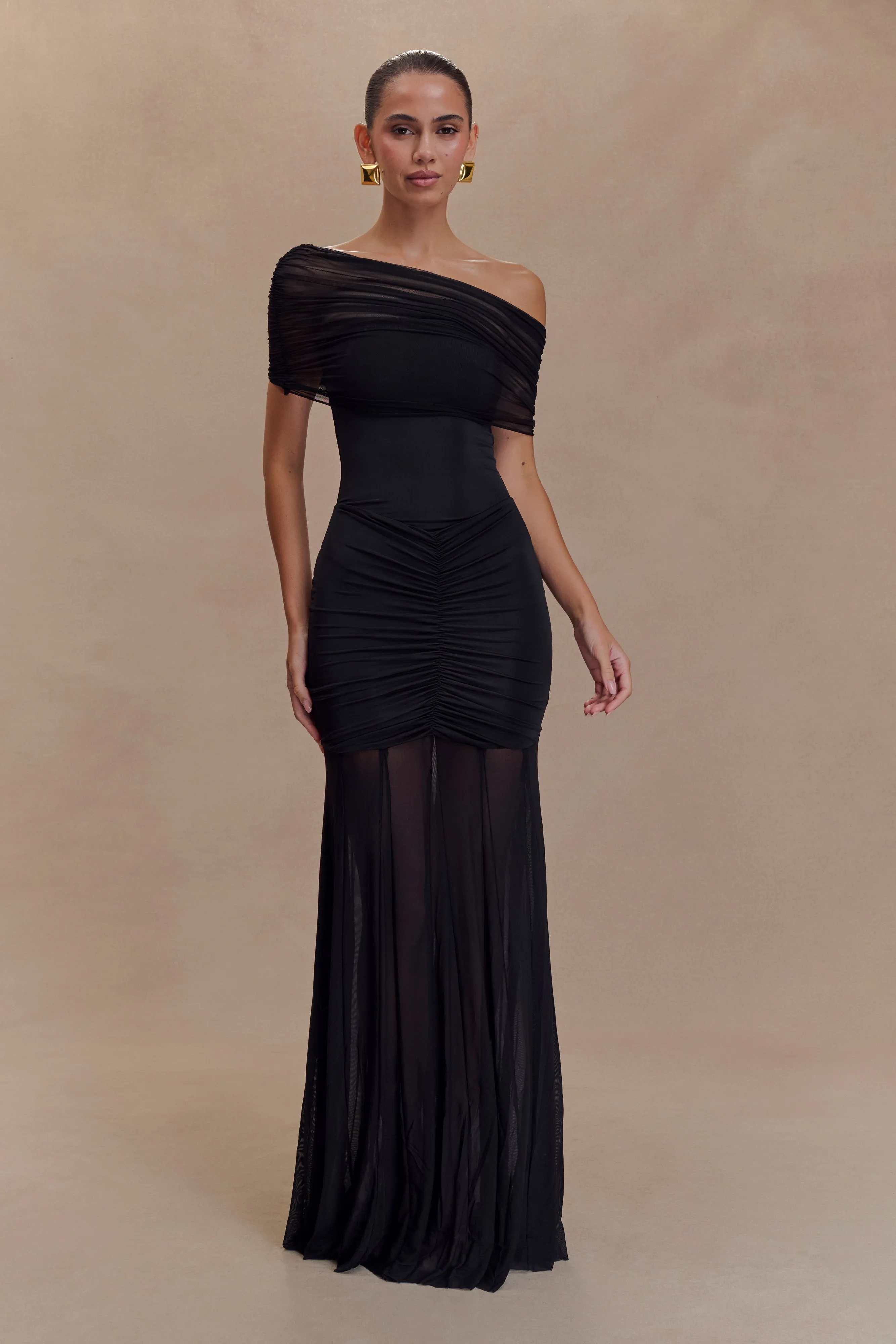 Sporty Look Caspian Slinky And Mesh Off Shoulder Maxi Dress - Black