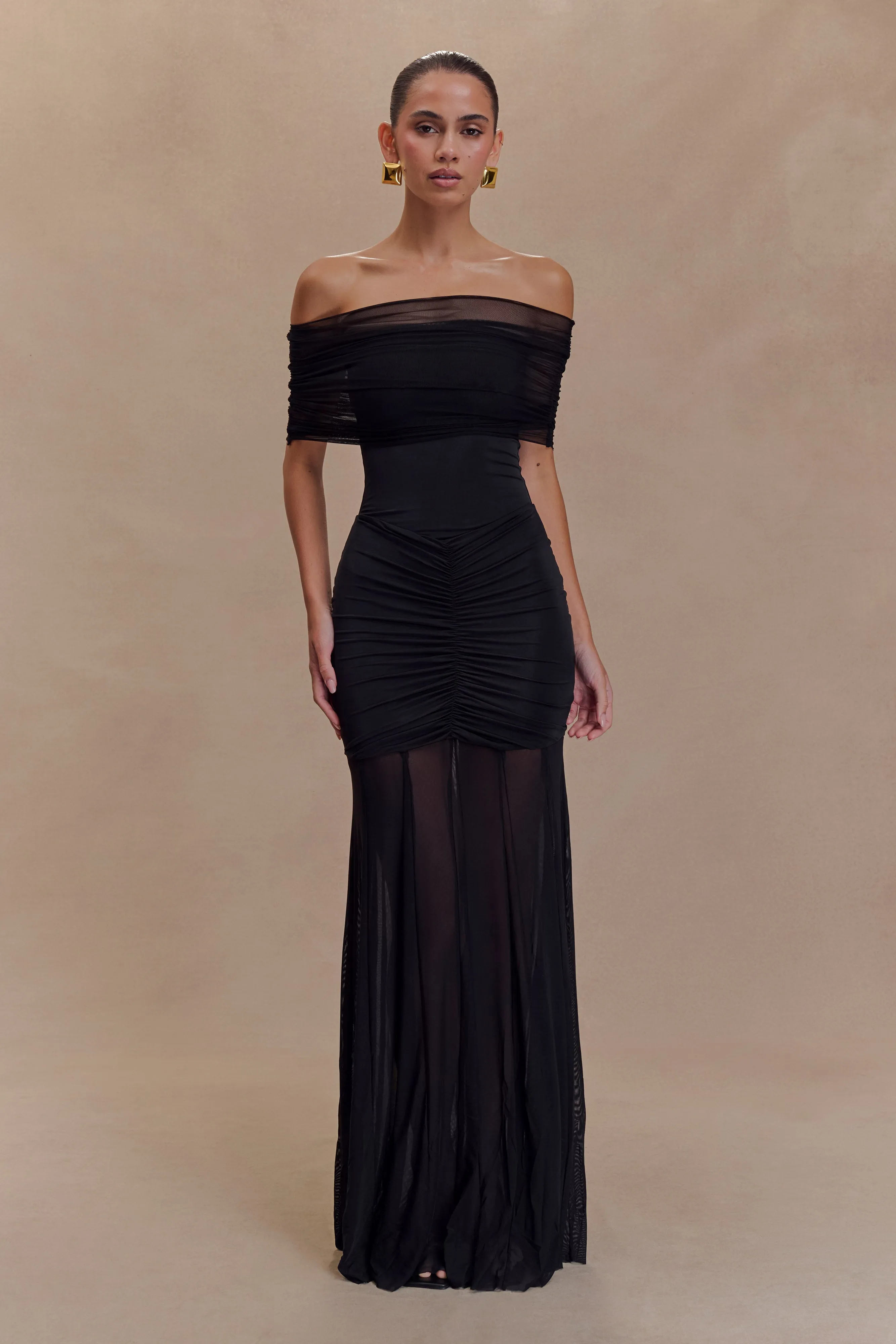 Caspian Slinky And Mesh Off Shoulder Maxi Dress - Black Timeless Comfort Wear Balanced Texture