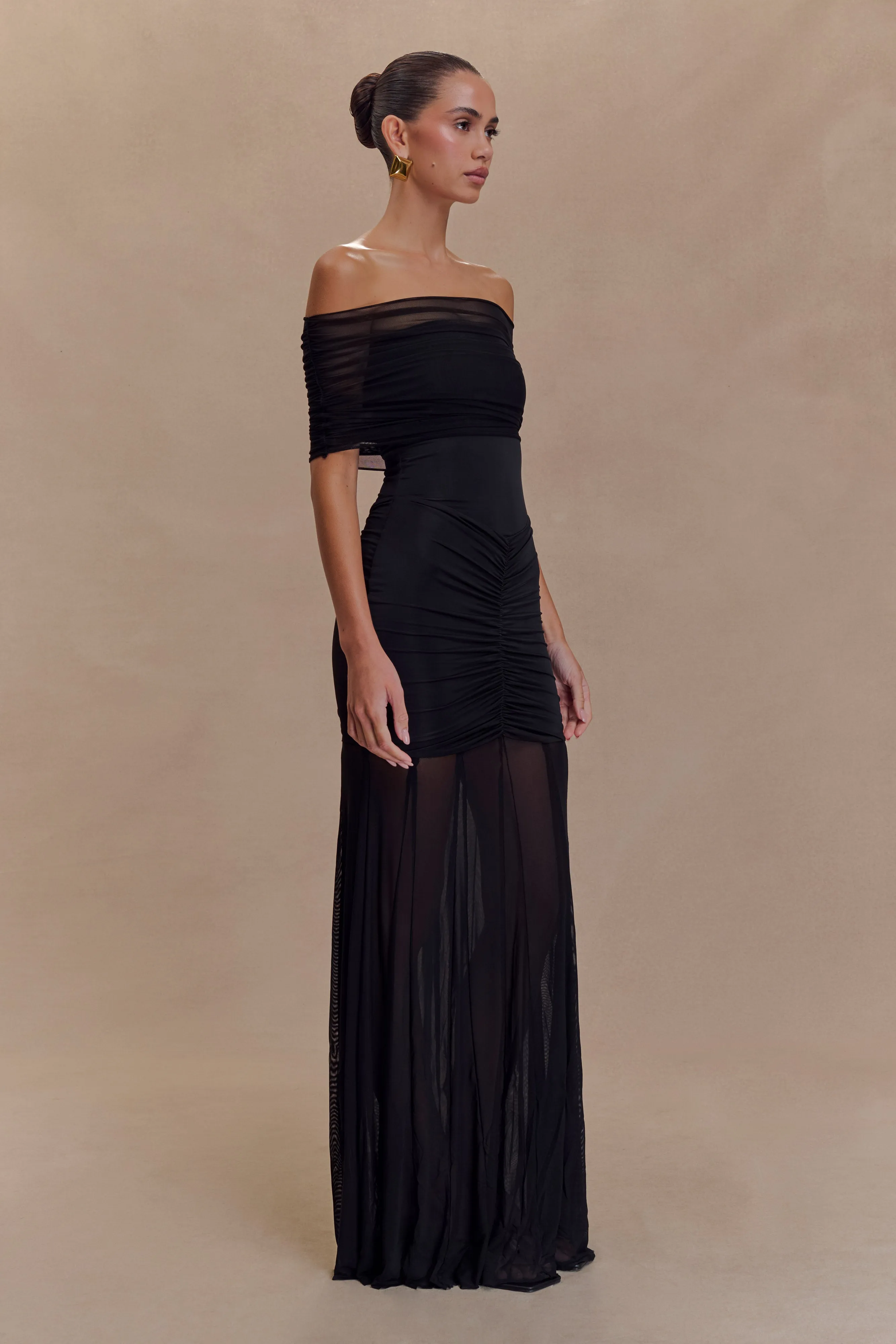 Caspian Slinky And Mesh Off Shoulder Maxi Dress - Black Pink Glow Light Volume