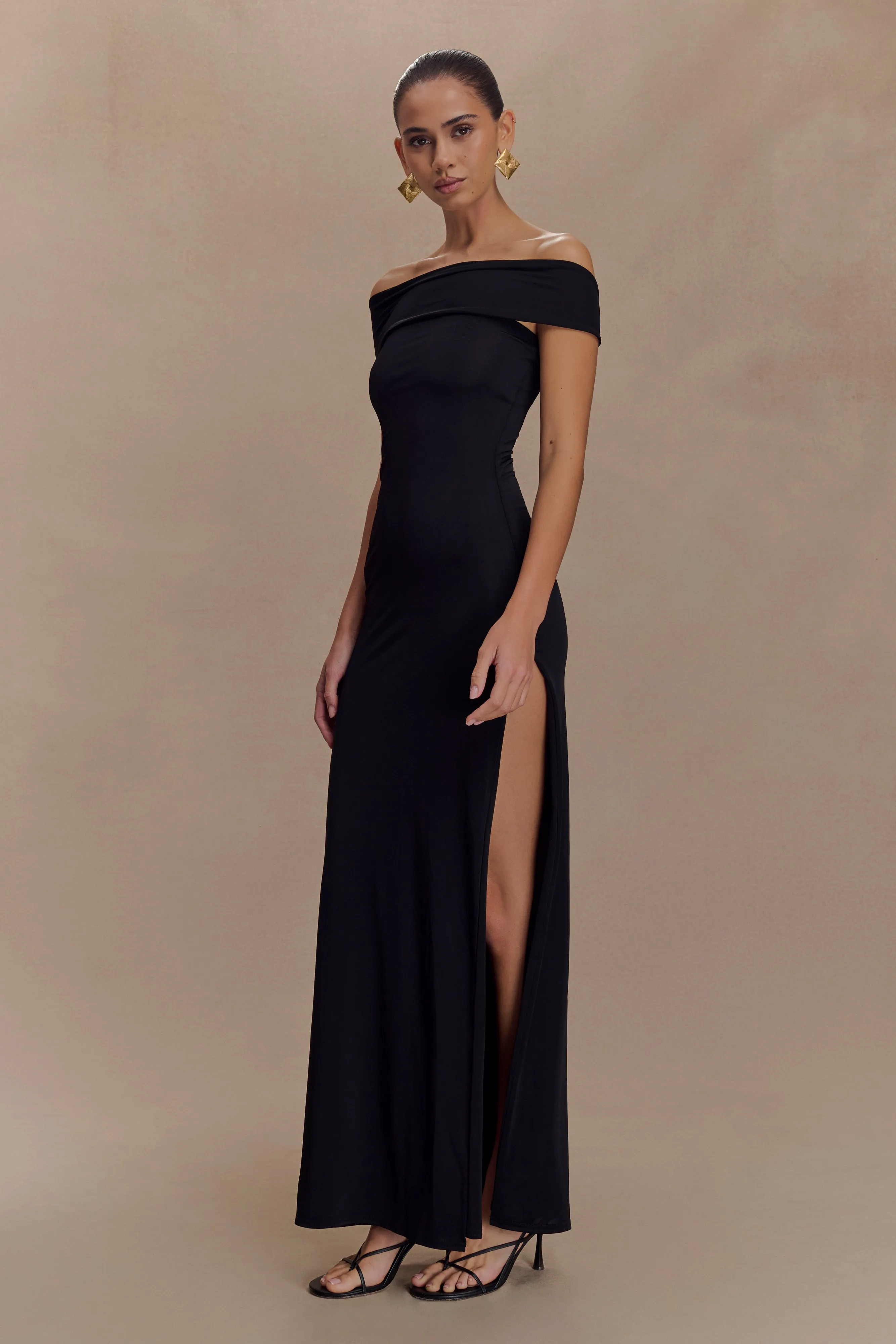 Aurora Slinky And Mesh Split Maxi Dress - Black Flowing Layers Bold Touches