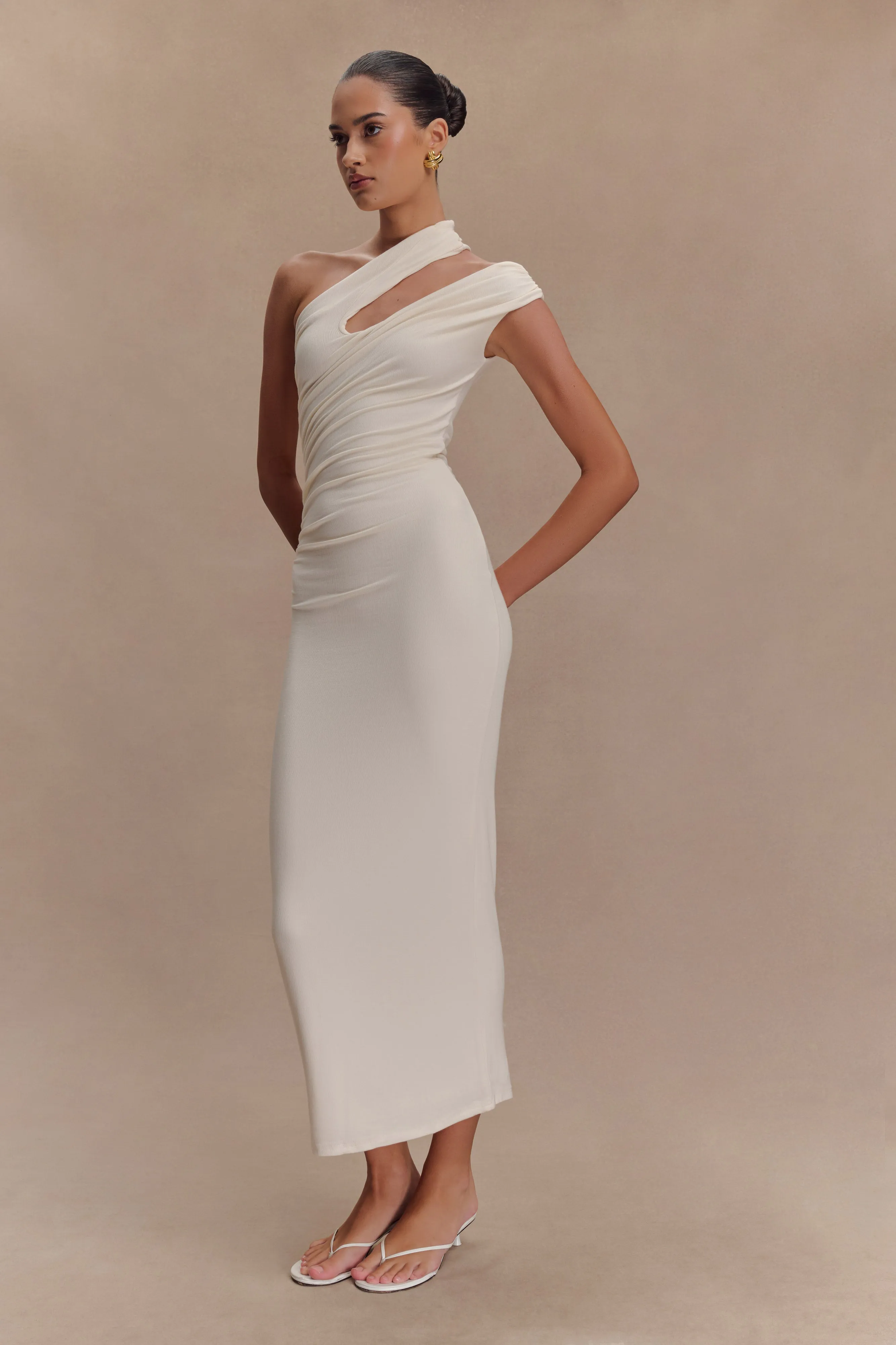 Anastasia One Shoulder Modal Midi Dress - Ivory Smart Waistband Fit