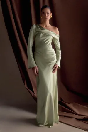 Iris Long Sleeve Satin Maxi Dress - Sage Silky Silhouette Chain-Detail
