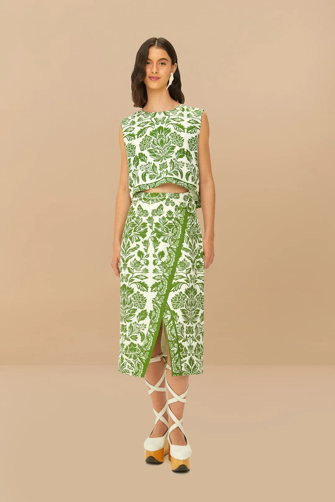 Green Delicate Tapestry LENZING? ECOVERO? Euroflax? Midi Skirt Versatile Outfit Crossback Strap