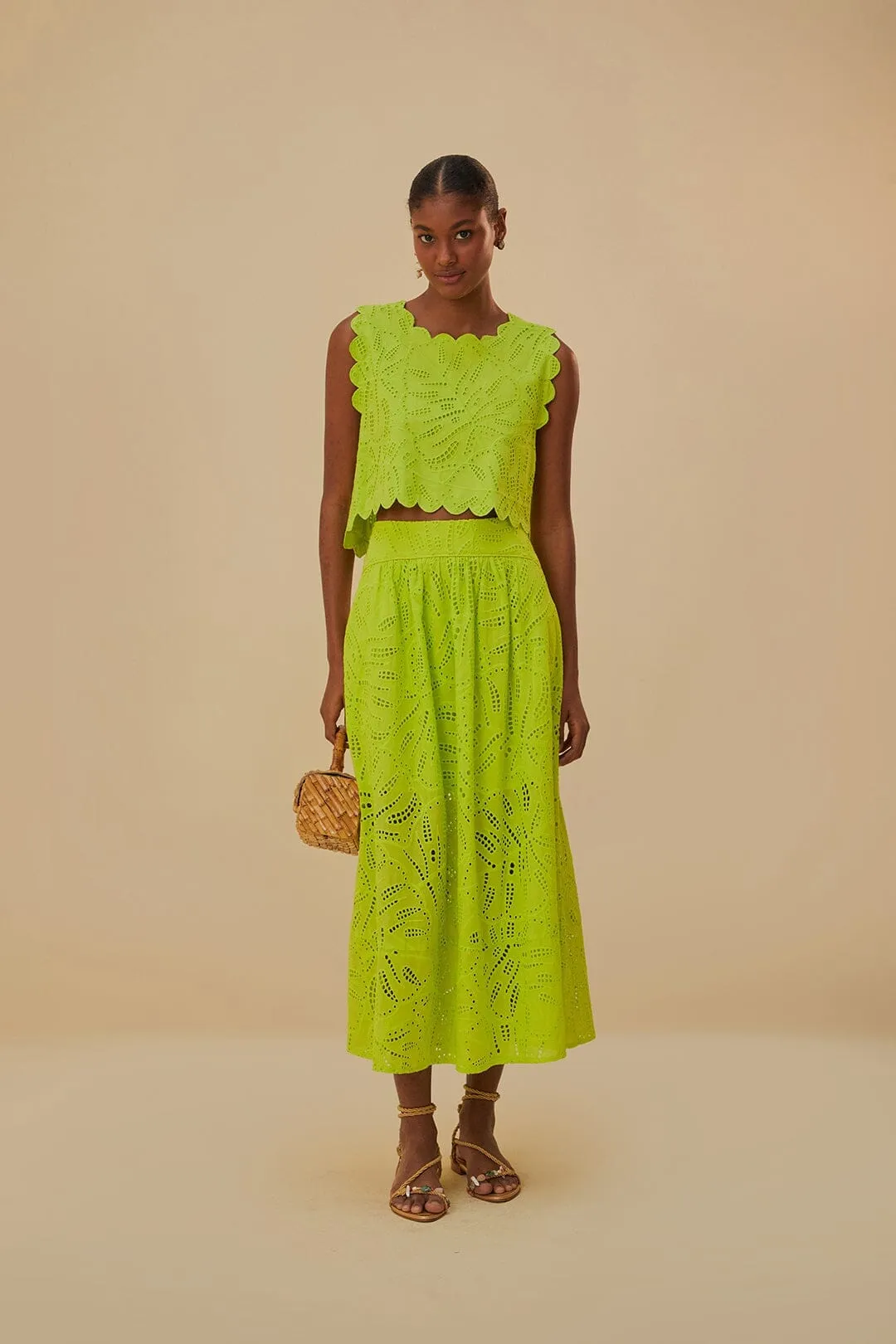 Green Monstera Eyelet Crop Top Cotton Glow