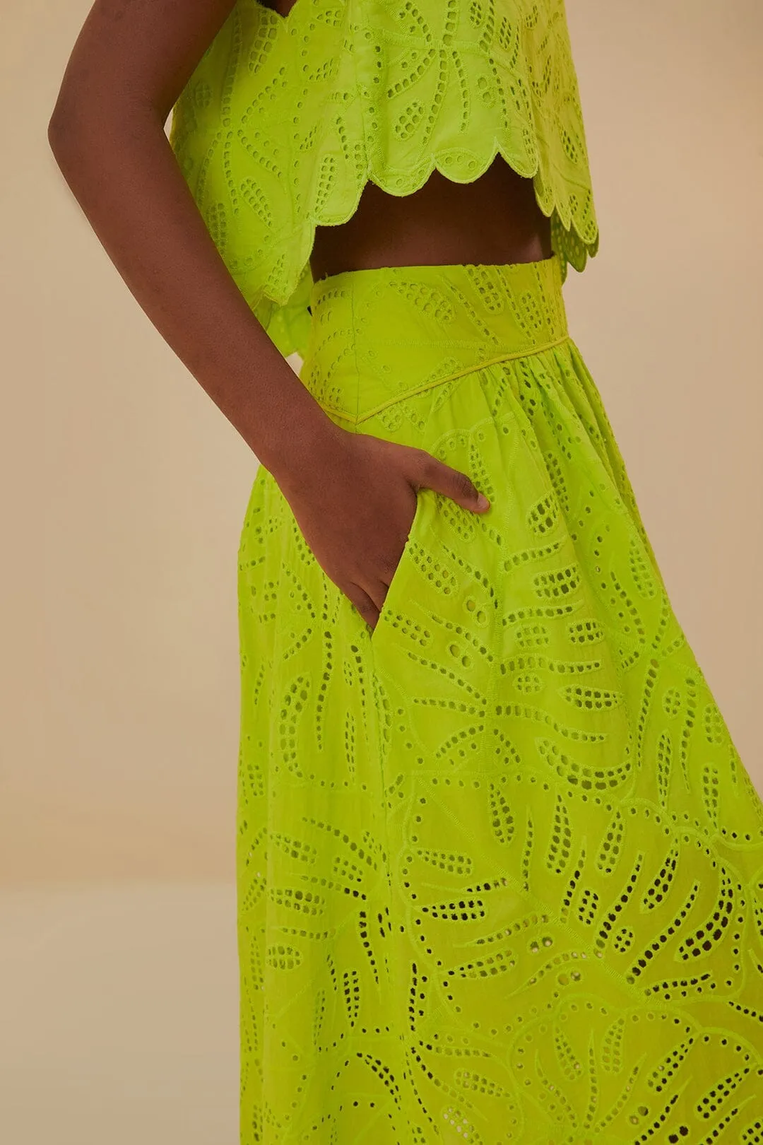 Knee Length Green Monstera Eyelet Maxi Skirt