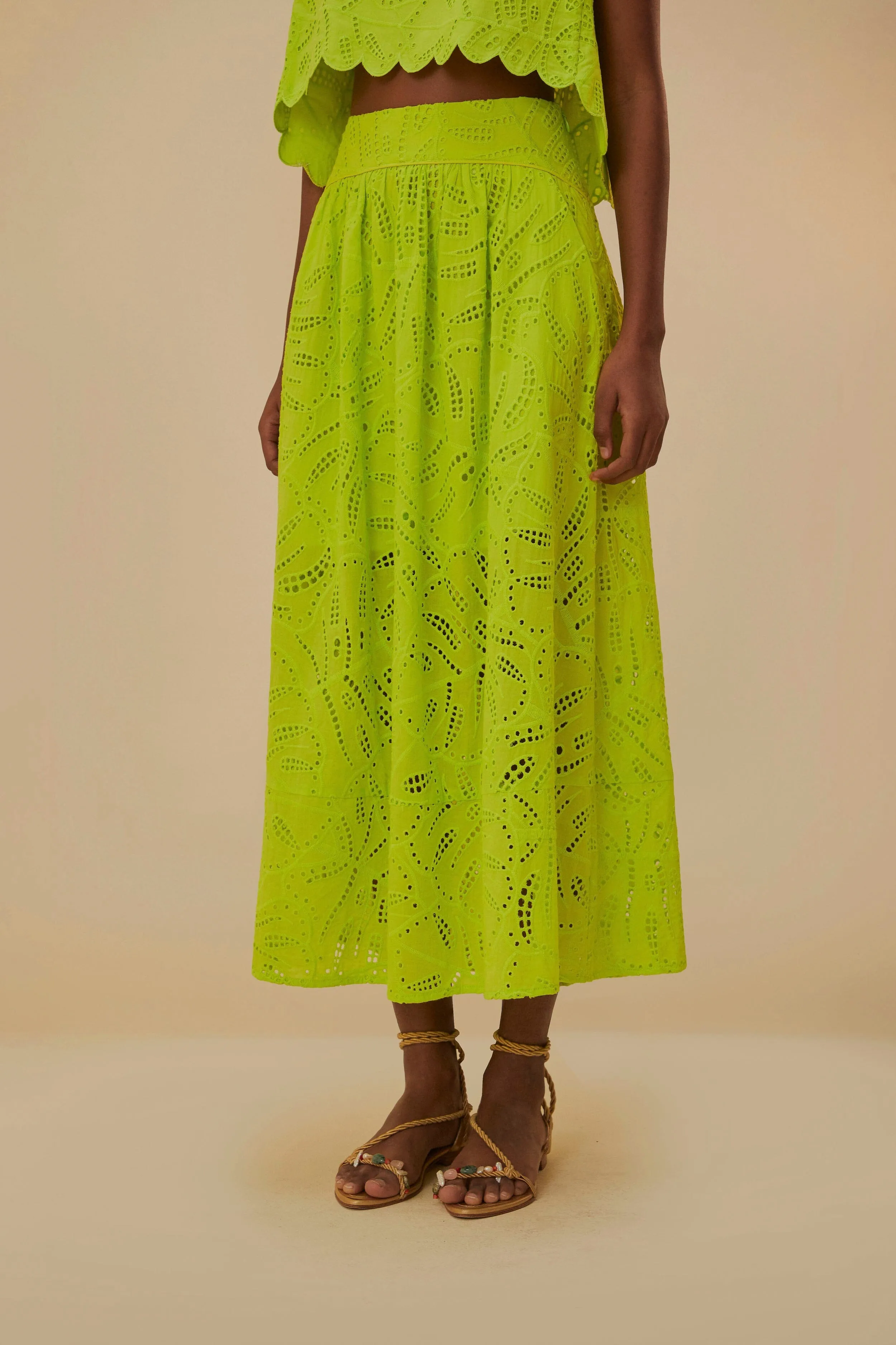 Elevated Casual Light Comfort Green Monstera Eyelet Maxi Skirt