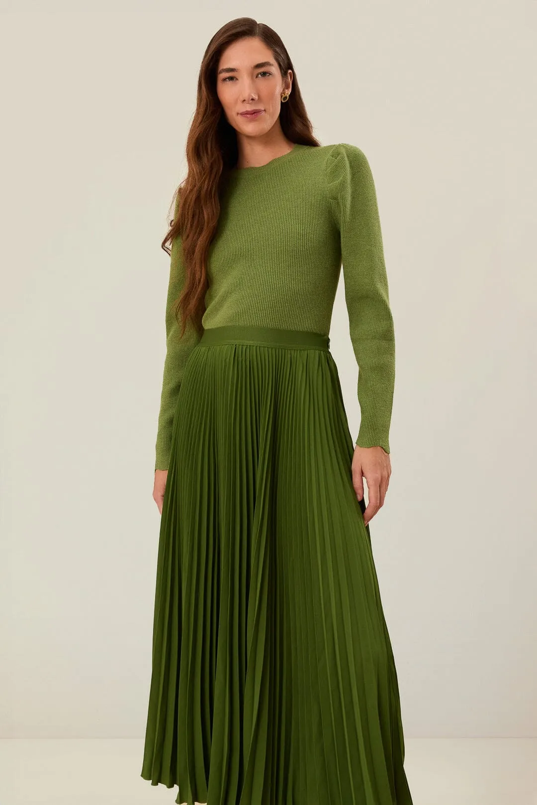 Green Pleated Maxi Skirt Trendy Outfit Shopping Trip