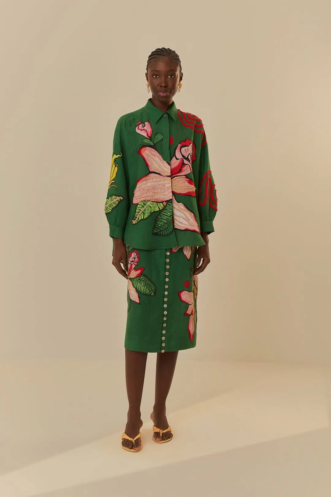 Green Pollen Midi Skirt Crisp Look