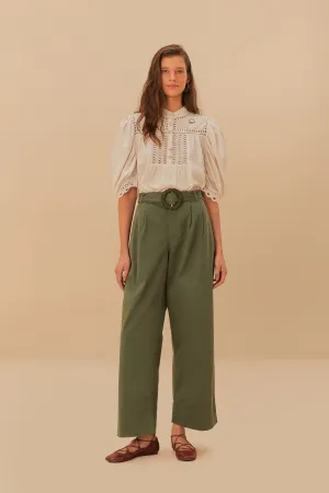 Green Twill Pleated Wide Pants AdjustableWaistband Sport Flex