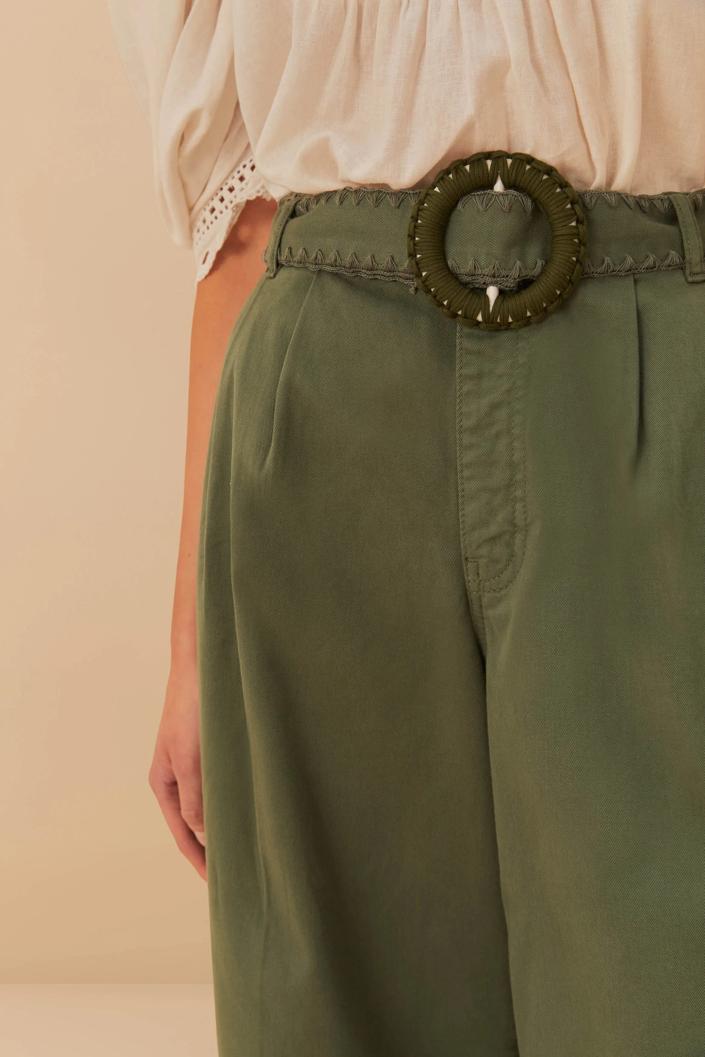 Perfect Look Green Twill Pleated Wide Pants