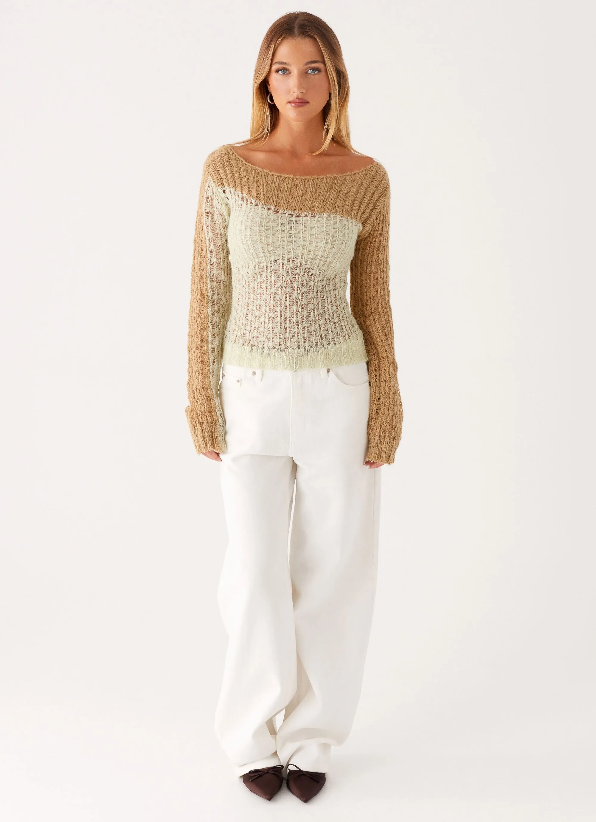Garment Dye Process Reinforced Neckline Stitching Gretchen Knit Top - Mint Spliced