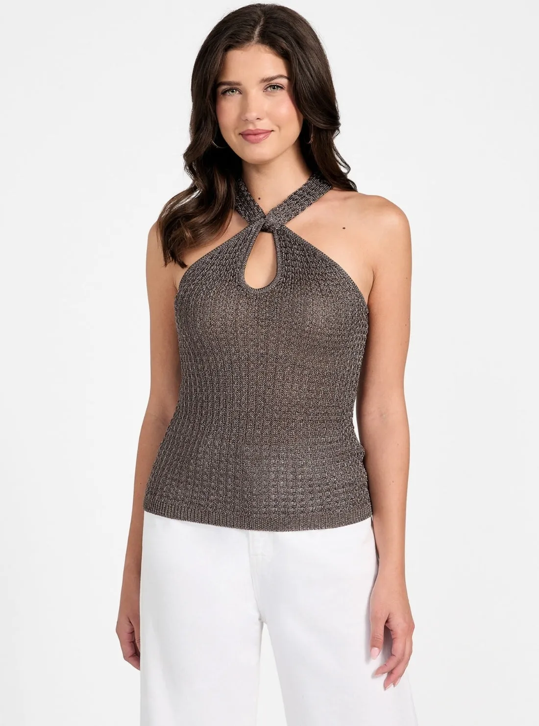 Sleeveless Slim Fit Wear Grey Metallic Halter Keyhole Ella Tank Top