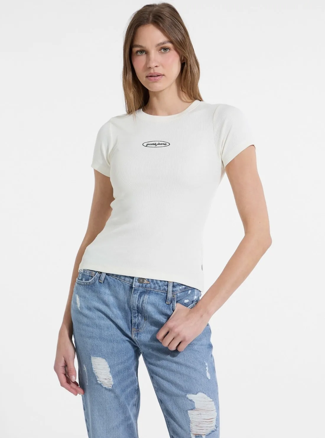 Wrinkle Resistant Finish Guess Jeans Beige Embroidered Slim T-Shirt