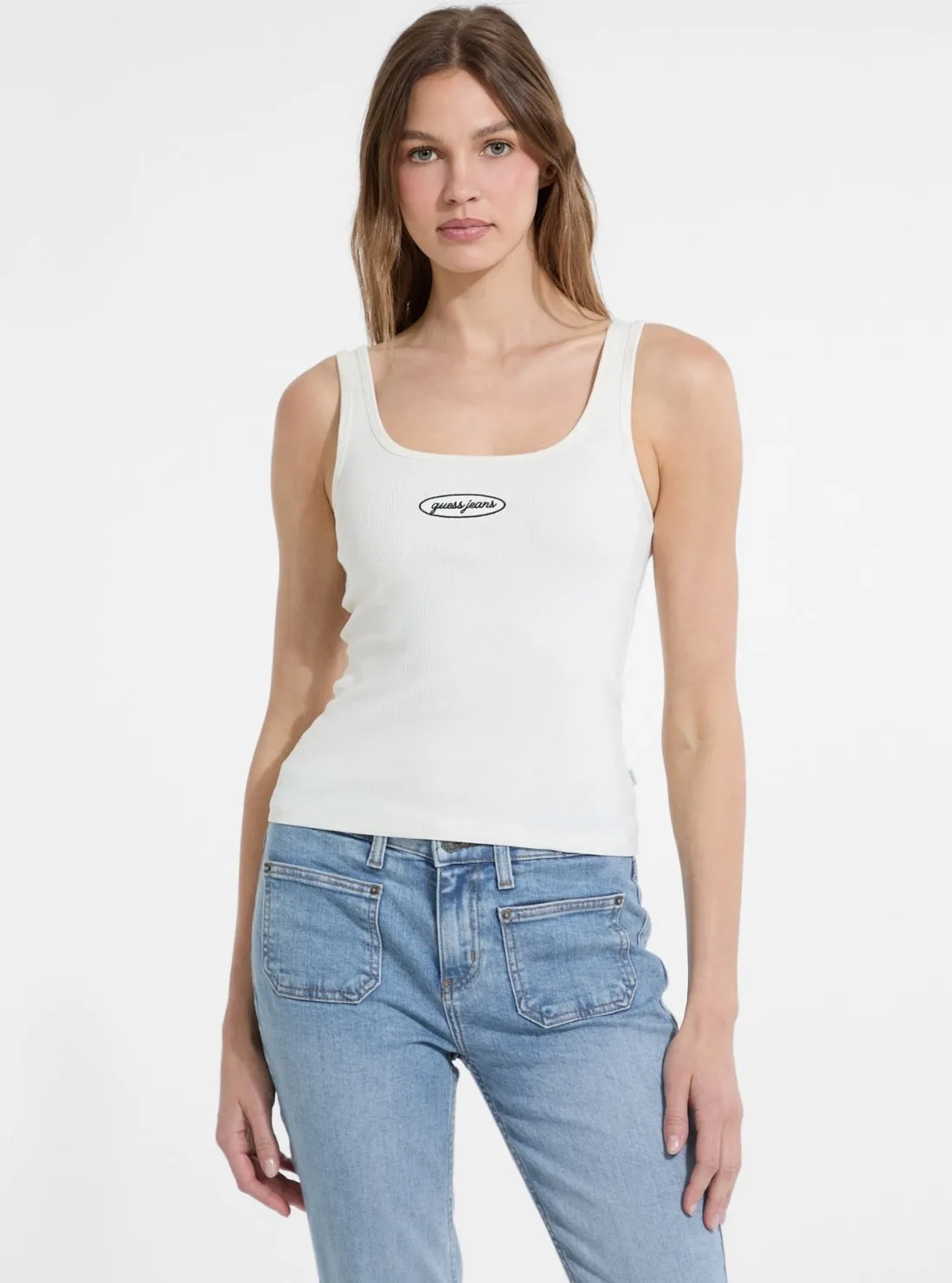 Guess Jeans Beige Slim Rib Tank Top SunProtectionFabric Casual Wear