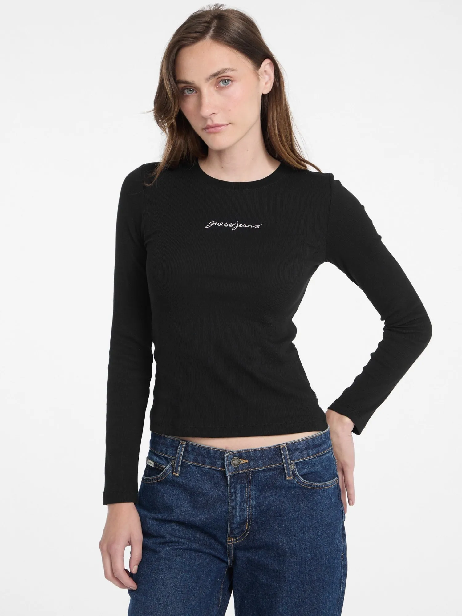 Guess Jeans Black Slim Rib T-Shirt V neck Effortless Vibe
