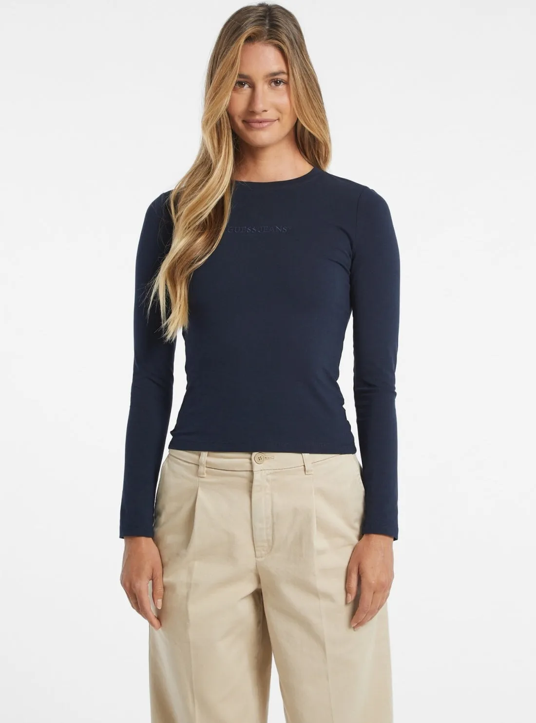 Guess Jeans Blue Slim Long Sleeve T-Shirt Travel Comfort Style Longline Hemline