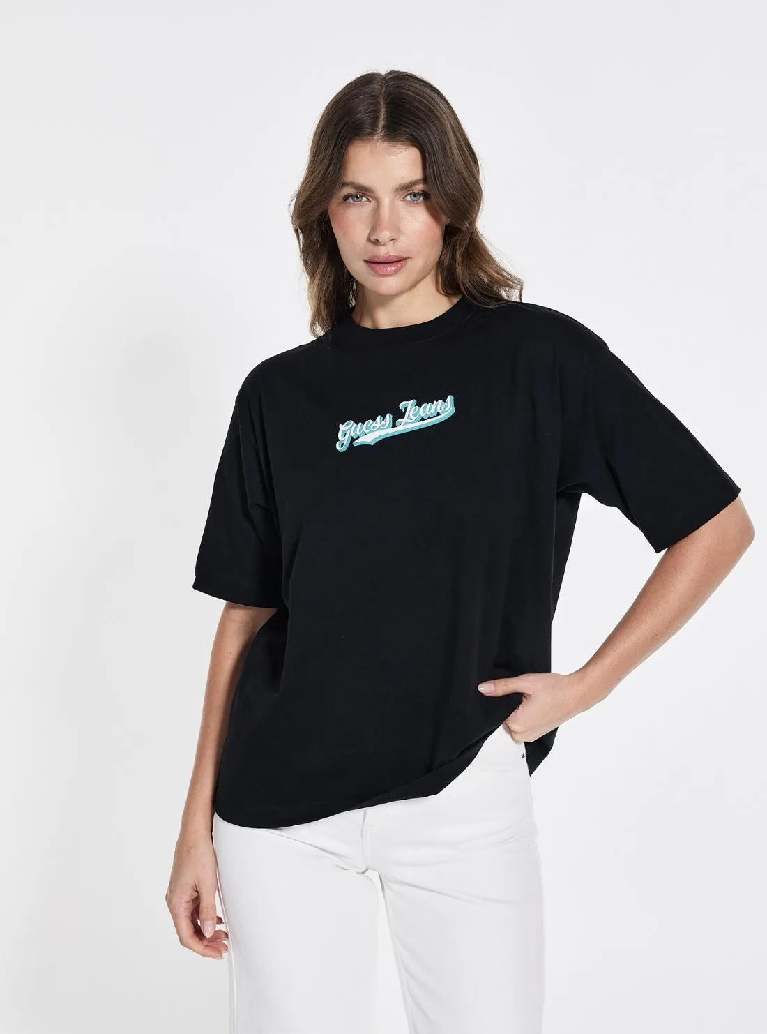 Fun and Playful Scoop neck Guess Jeans Eco Black Oversized Curved Logo T-Shirt