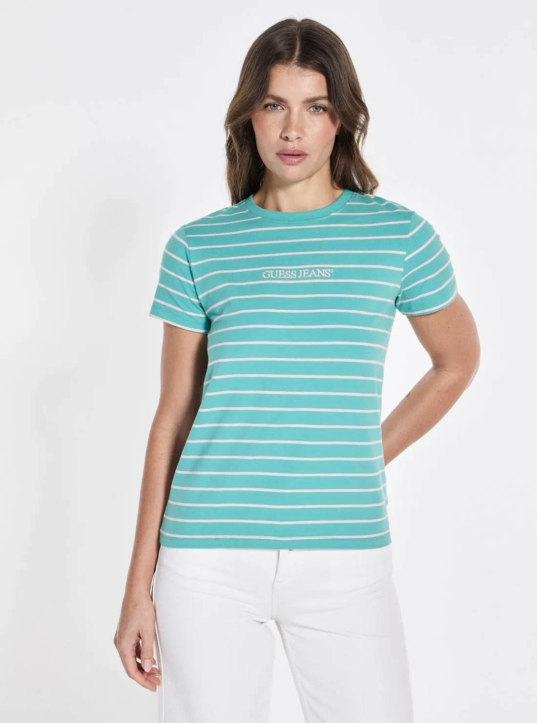 Guess Jeans Green Striped Script T-Shirt Pilling Resistant Finish