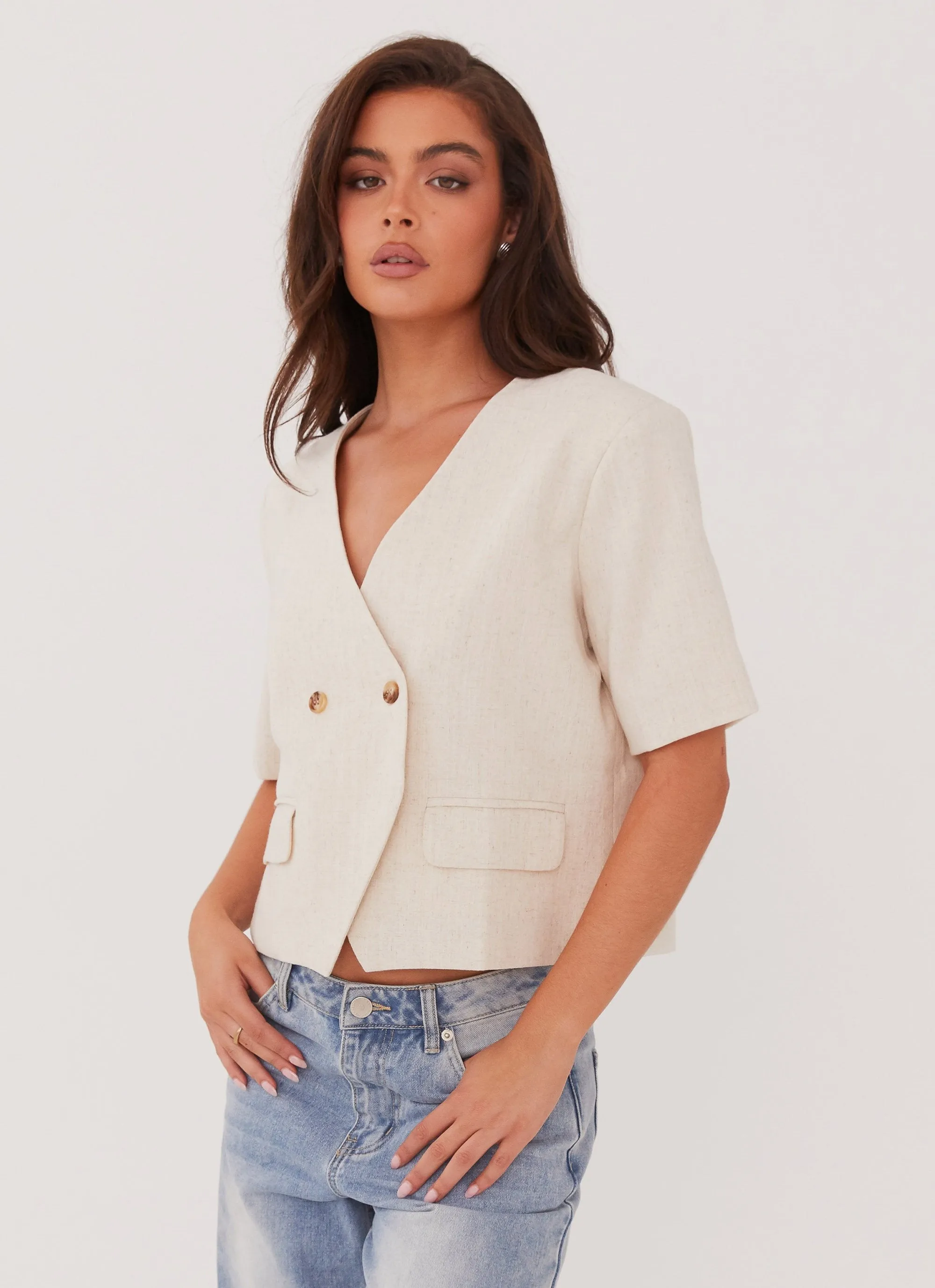 Tear Resistant Material Hacienda Linen Short Sleeve Blazer - Oatmeal