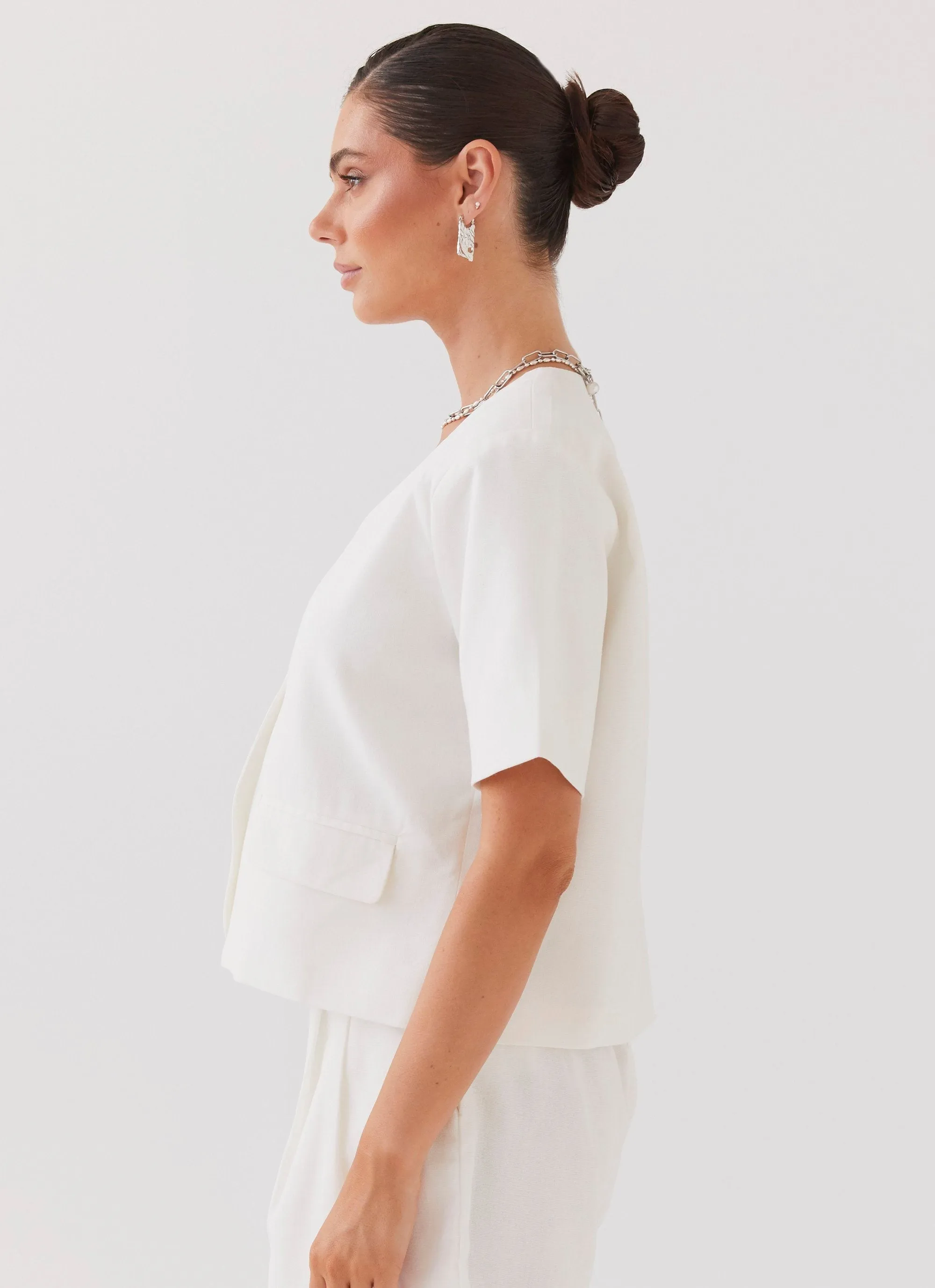 Crisp Detail Hacienda Linen Short Sleeve Blazer - White