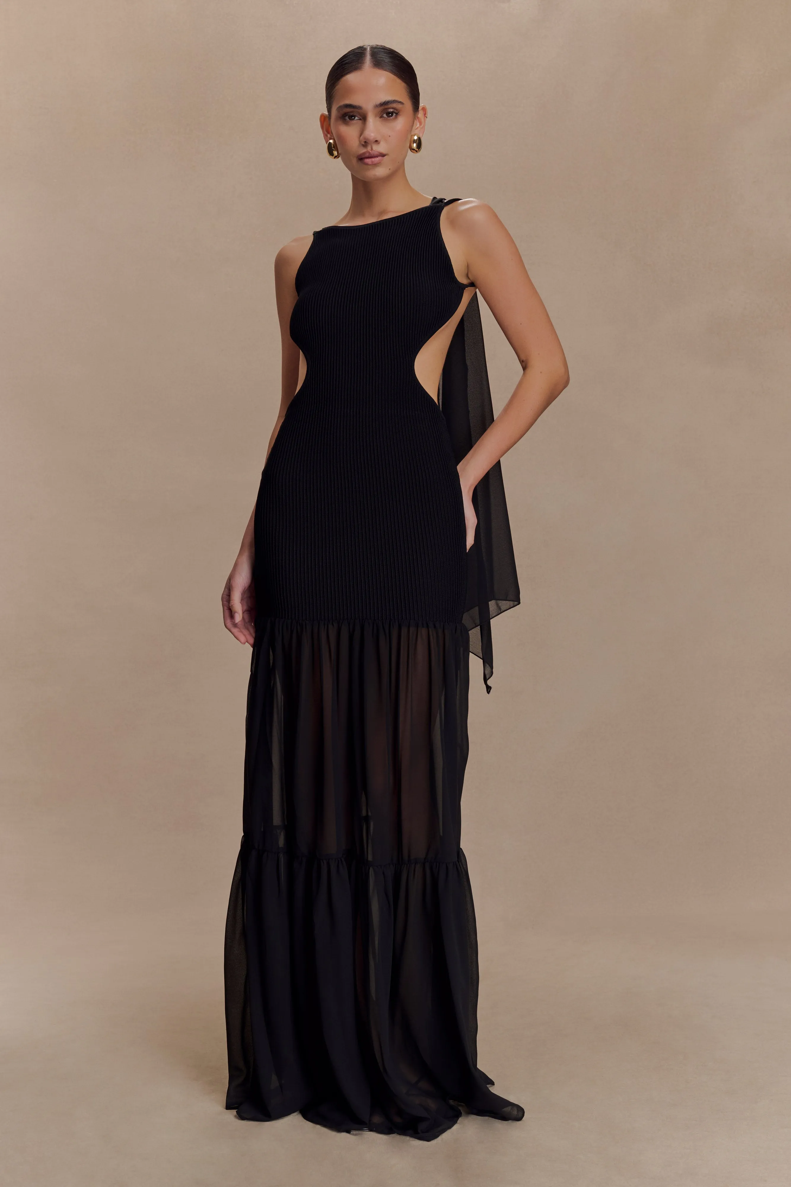 Haille Knit Chiffon Maxi Dress - Black Shiny-Lining Clean Outline