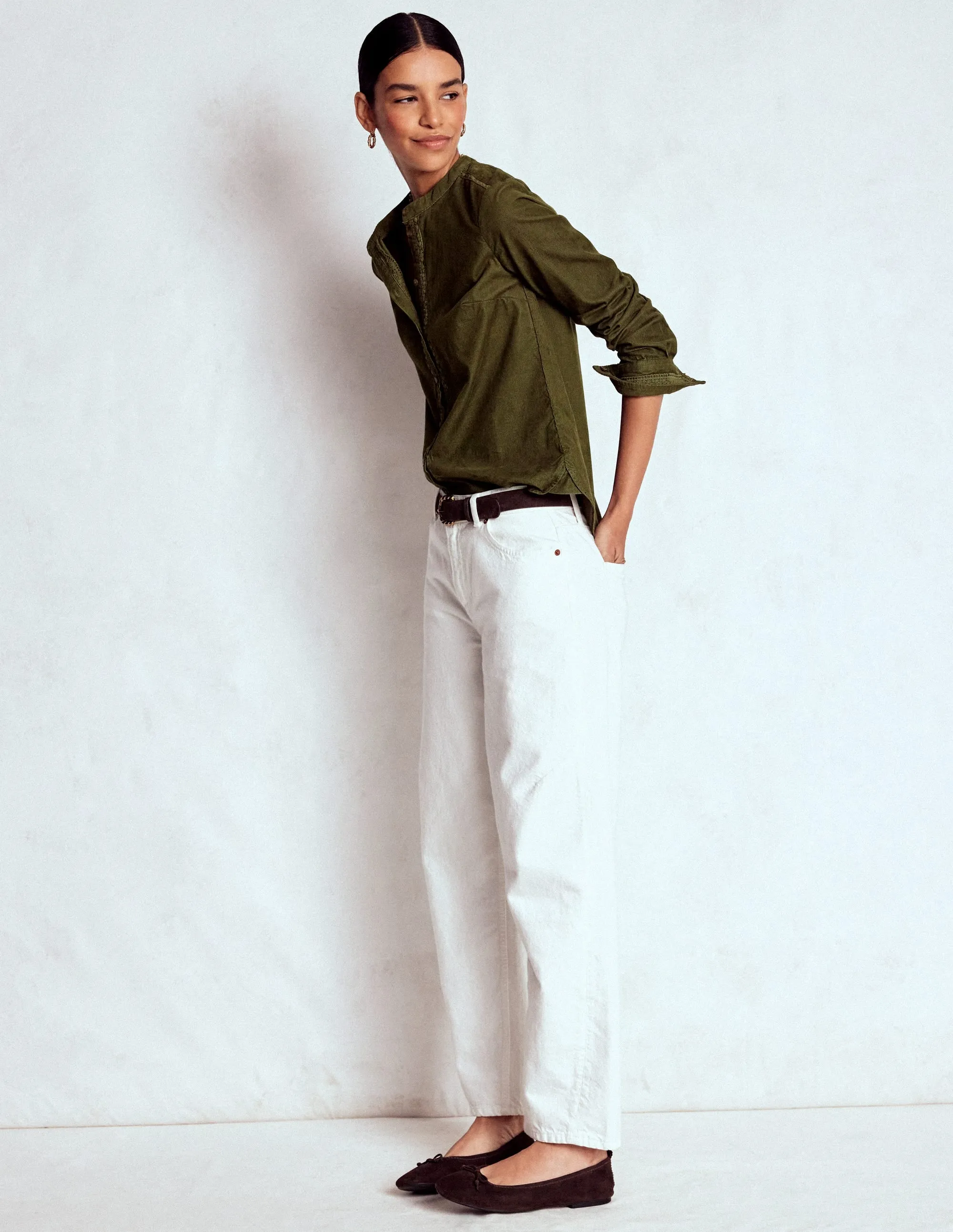 Victoria Cord Shirt-Woodland Green Ruffled edges