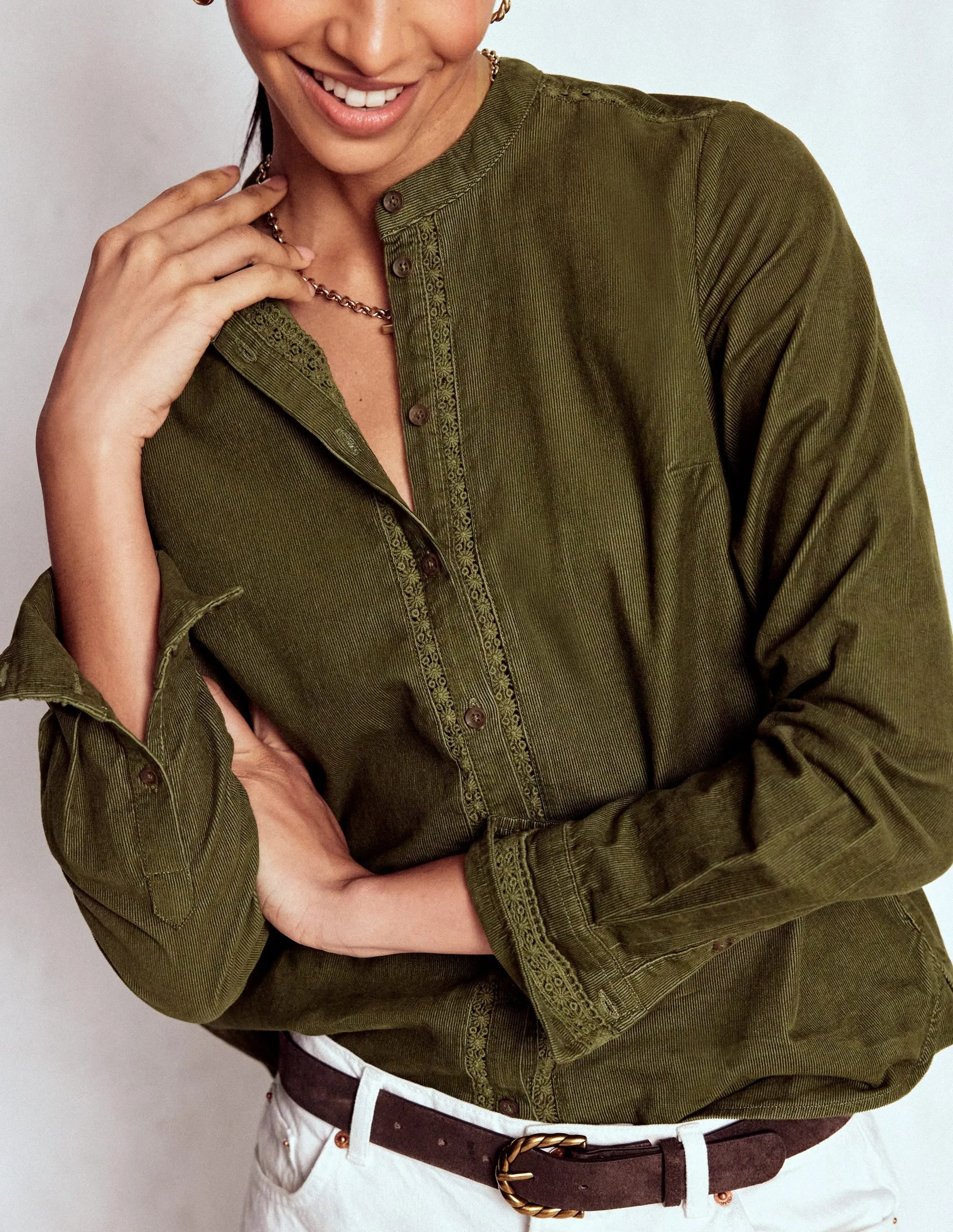 Natural Fiber Blend Victoria Cord Shirt-Woodland Green