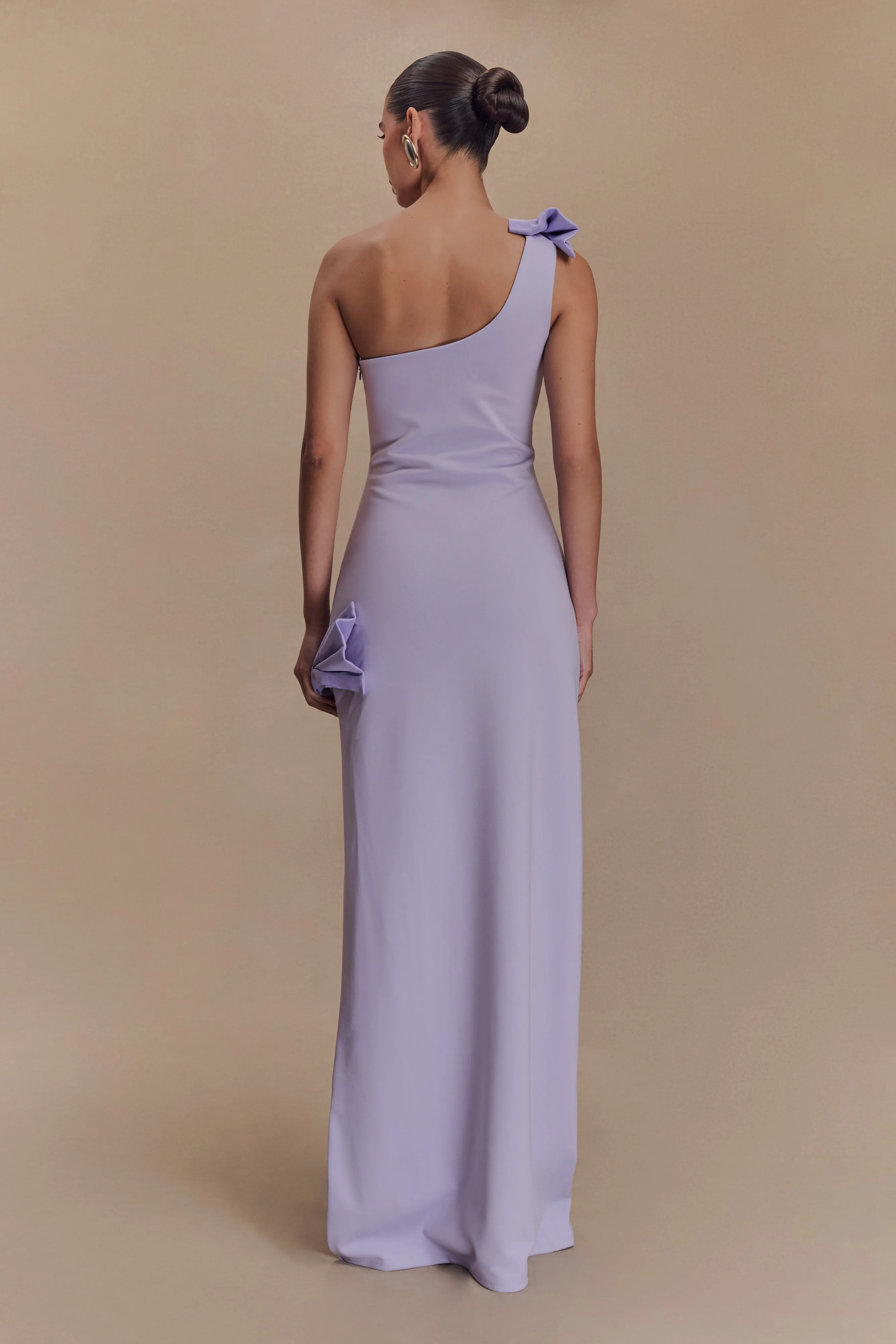 Elastic-Waist Texture Style Hallie One Shoulder Bow Maxi Dress - Lilac