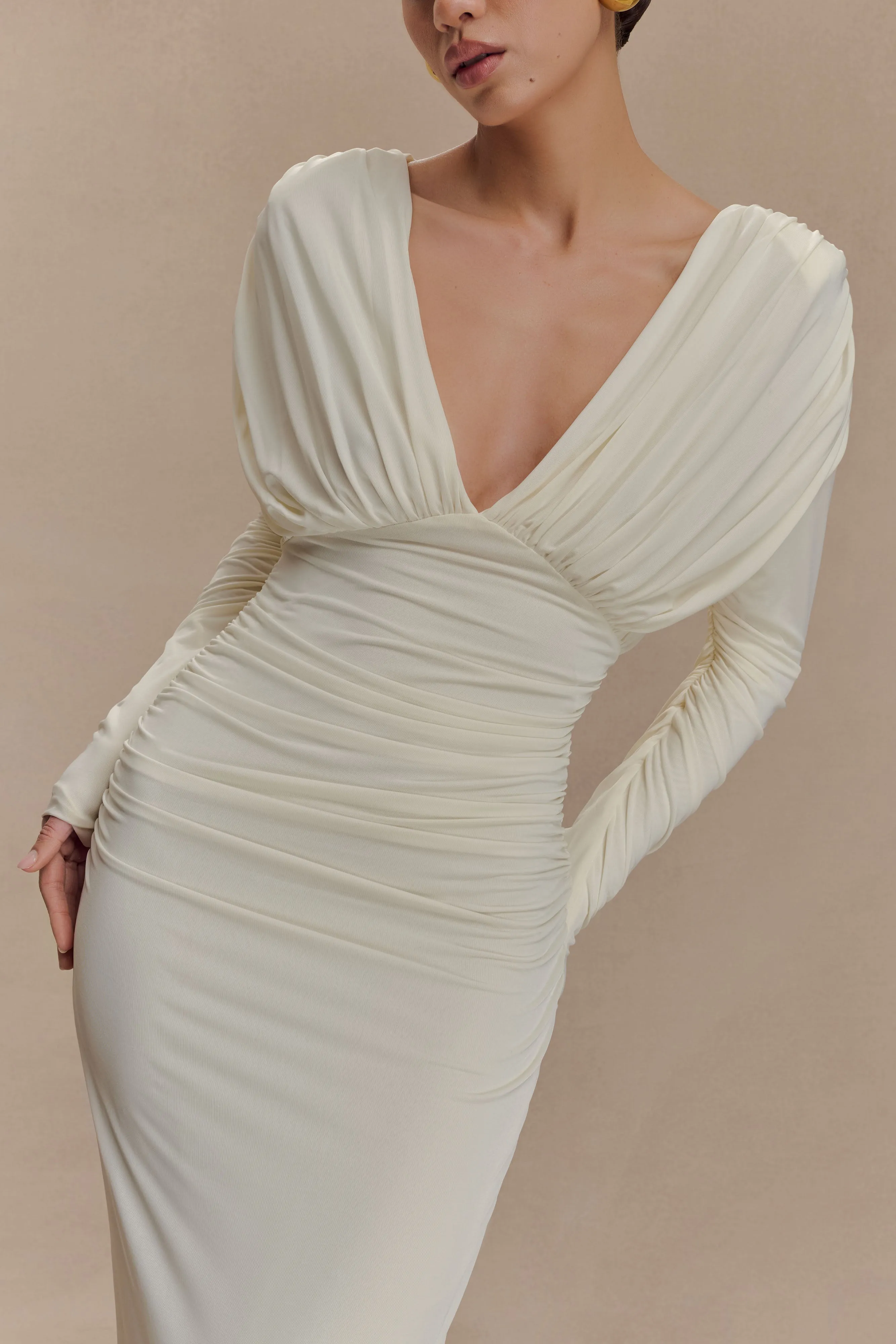 All-Day Comfort Wear Contrasting Detail Hayden Long Sleeve Plunge Maxi Dress - Ivory