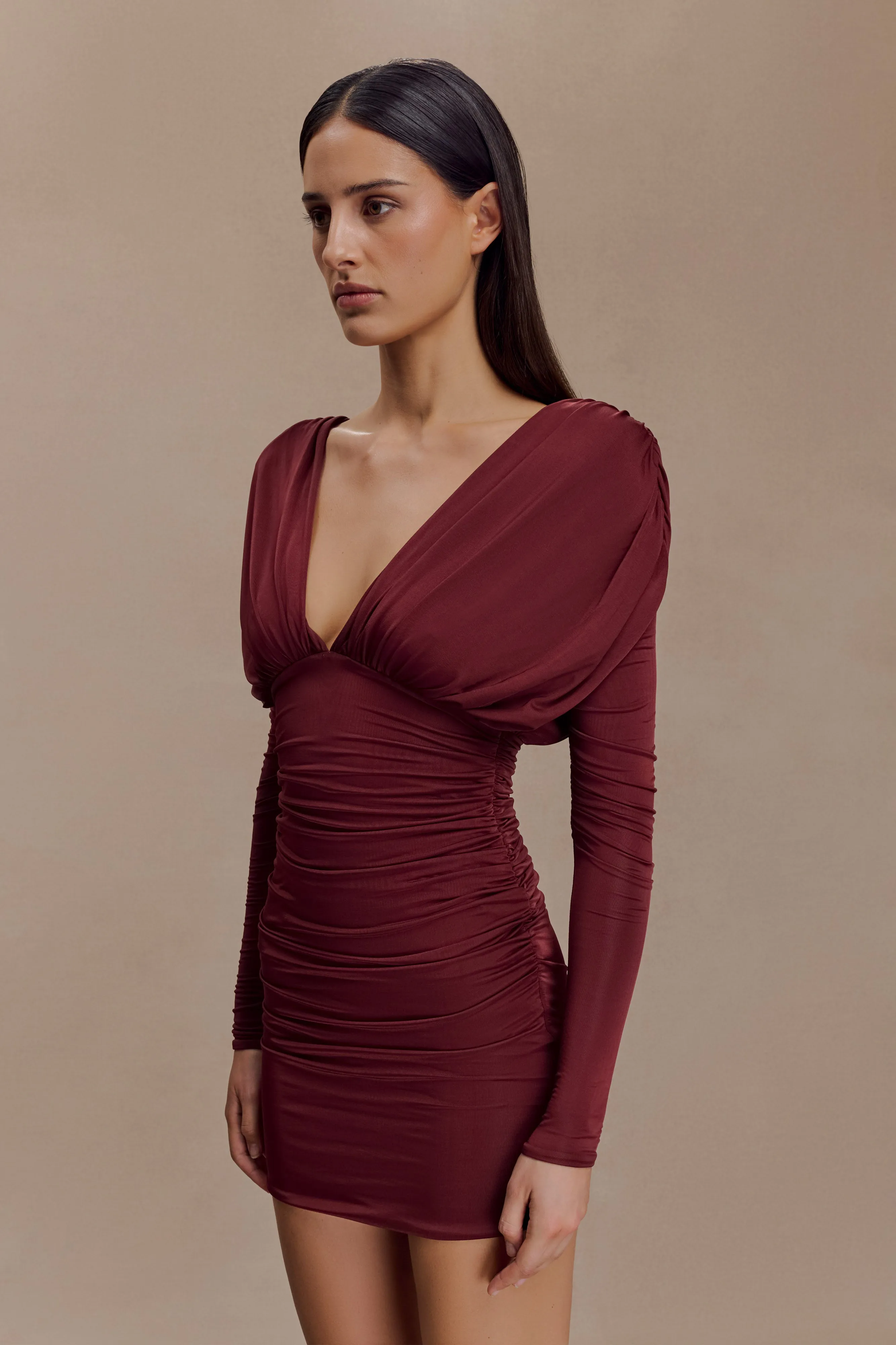 Hayden Long Sleeve Plunge Mini Dress - Burgundy Feminine flowing piece Peach Tone