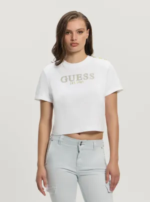 White Rhinestone Logo Cropped T-Shirt Sleek Layers Collared