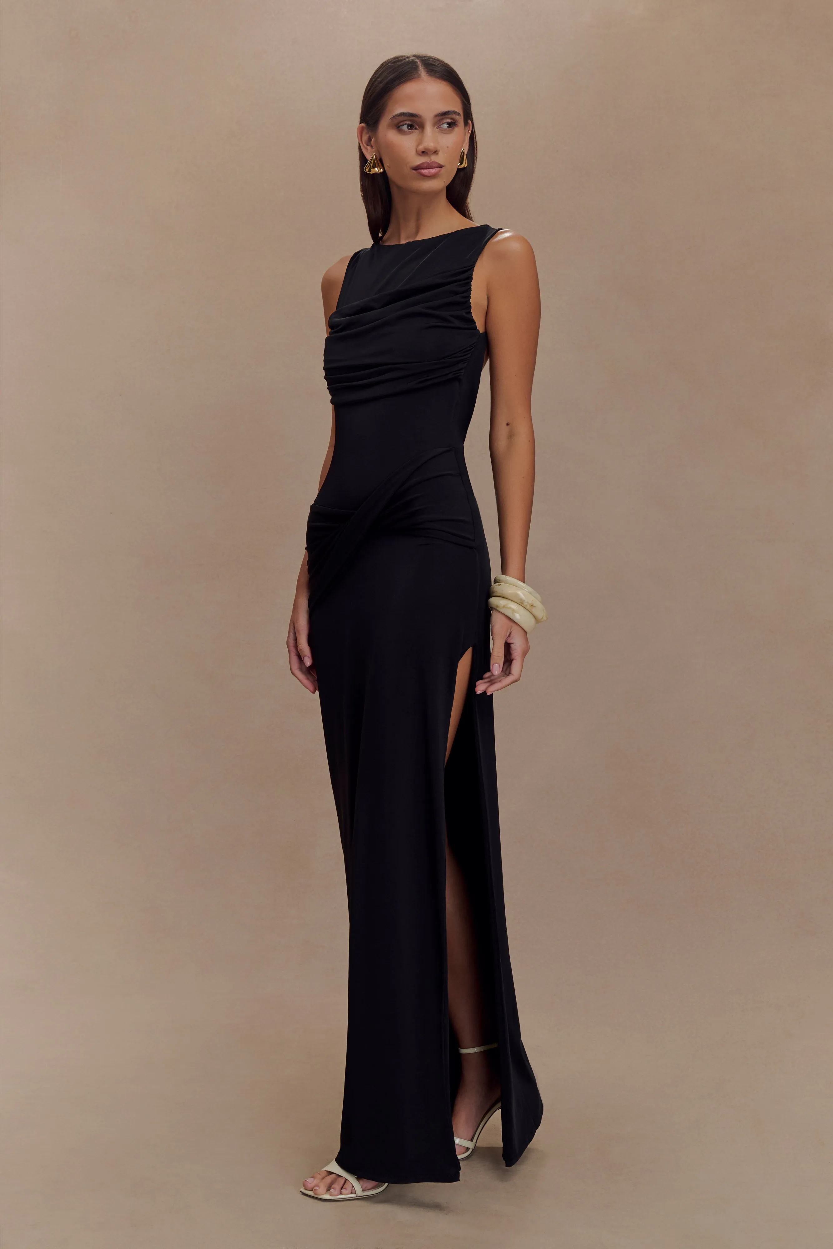 Cute Glow Henley Slinky Drape Maxi Dress - Black