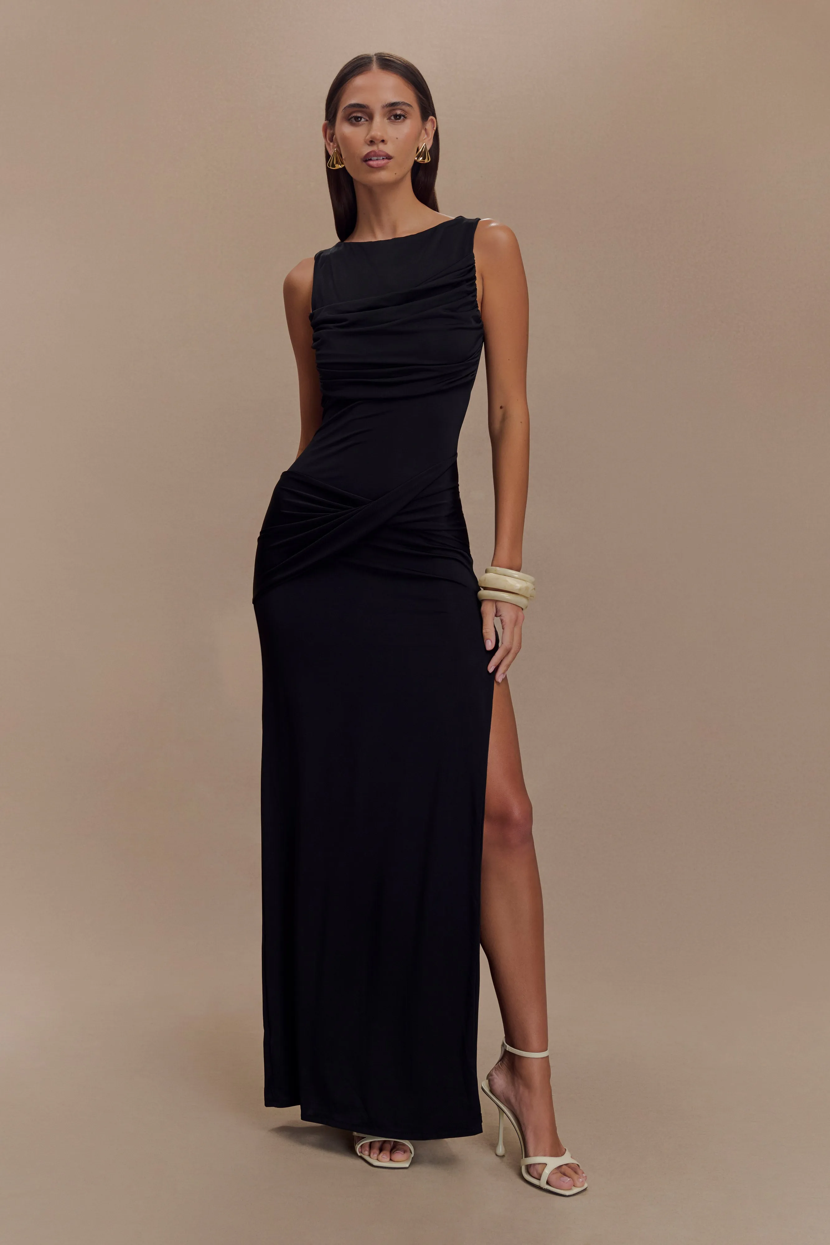 Henley Slinky Drape Maxi Dress - Black Boho Mood Smart Texture