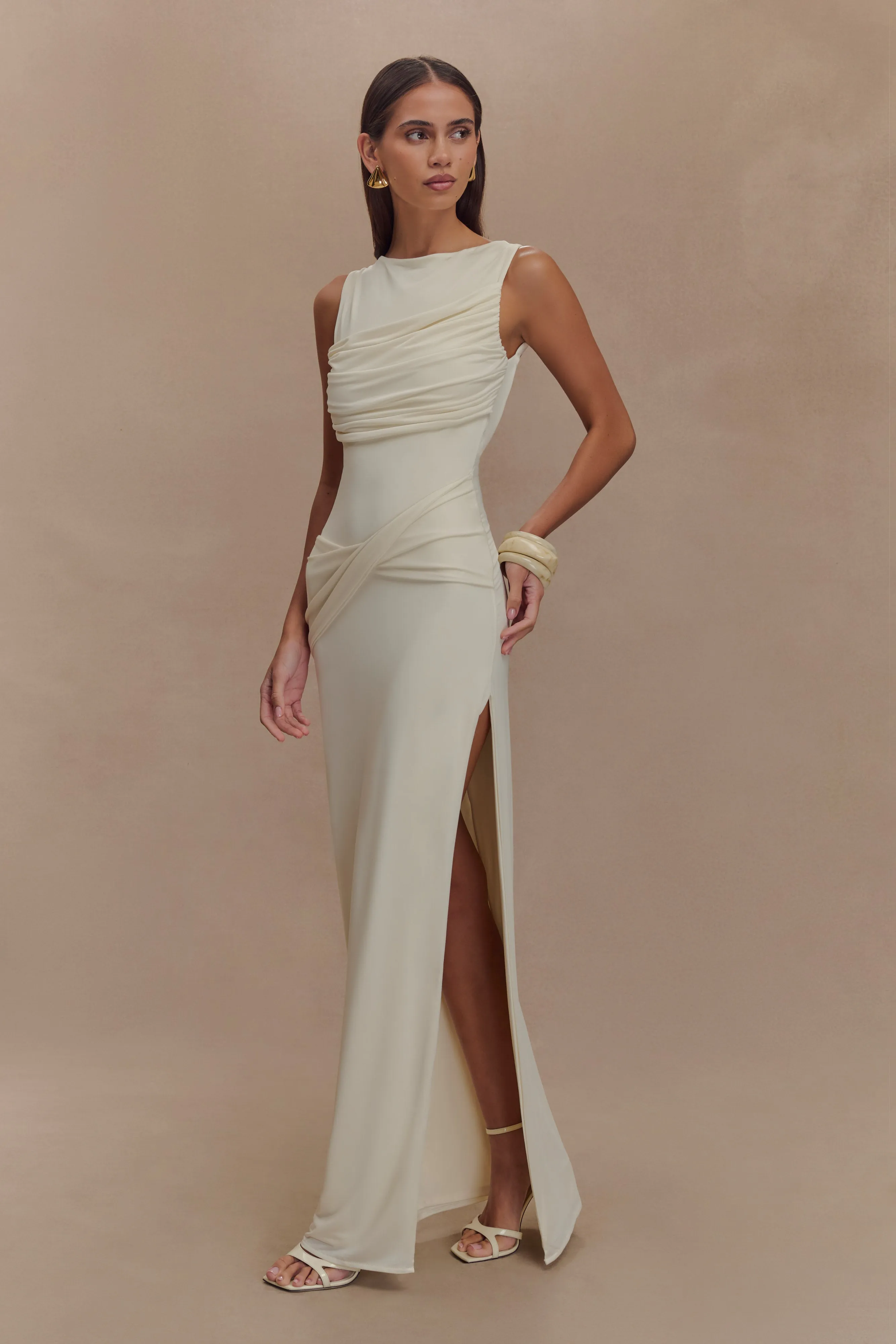Henley Slinky Drape Maxi Dress - Ivory Pure Lines