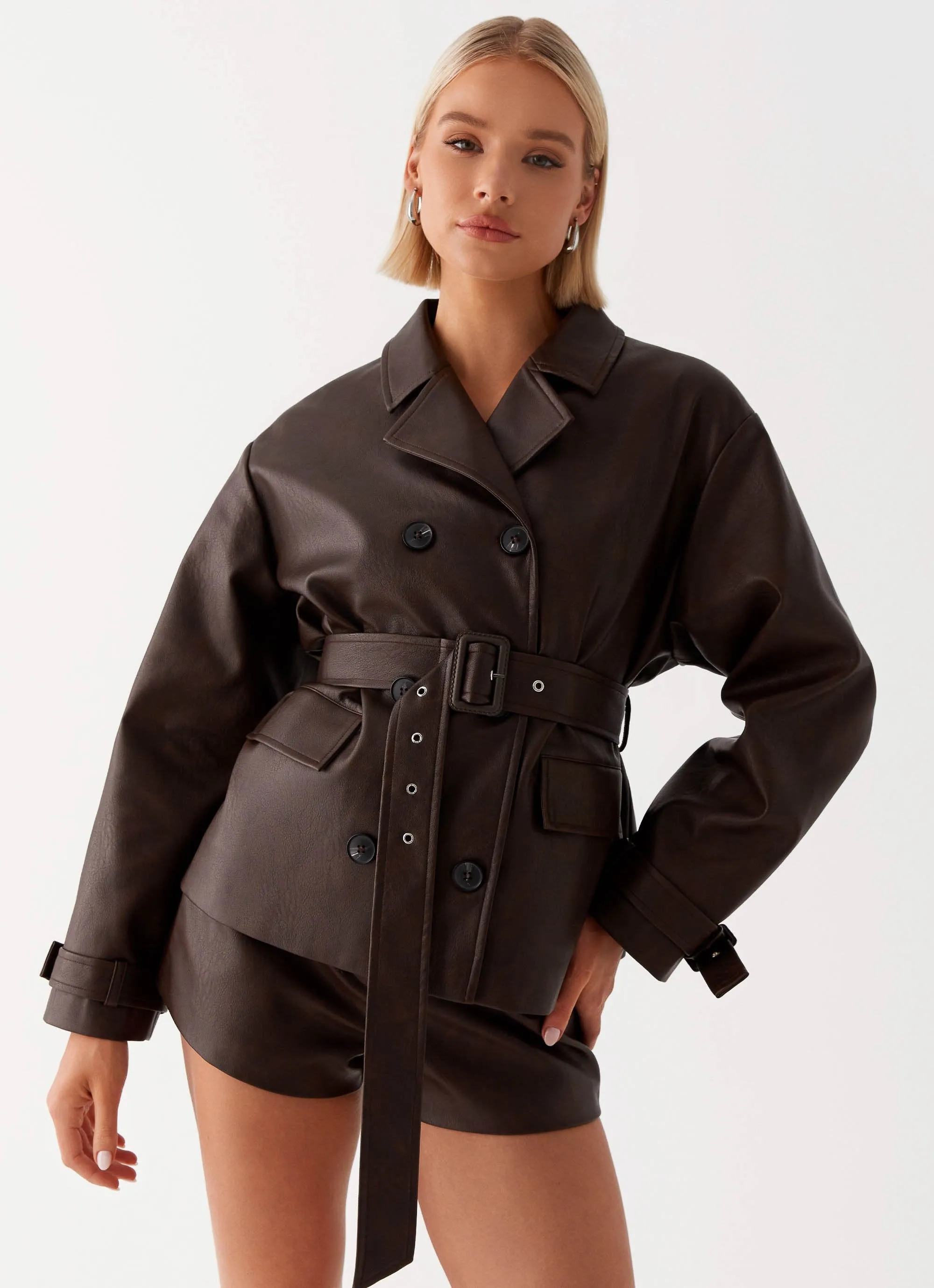 Francisco Cropped Trench Coat - Brown High Collar Warm Essentials
