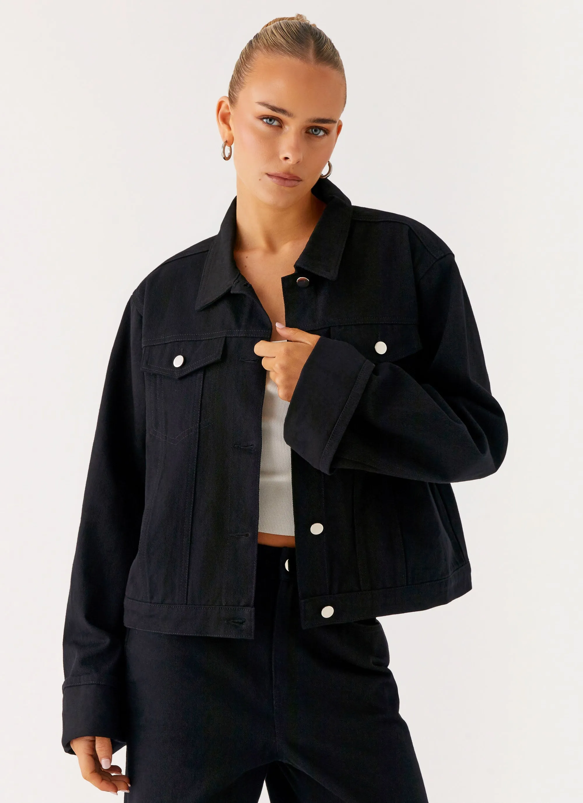 Back Again Oversized Denim Jacket - Black Collapsible Packable Style