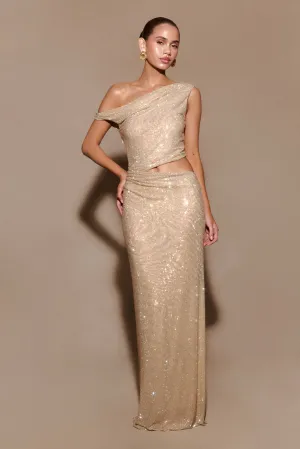 Kenny Diamante One Shoulder Maxi Dress - Gold Effortless Touch Shape Hug