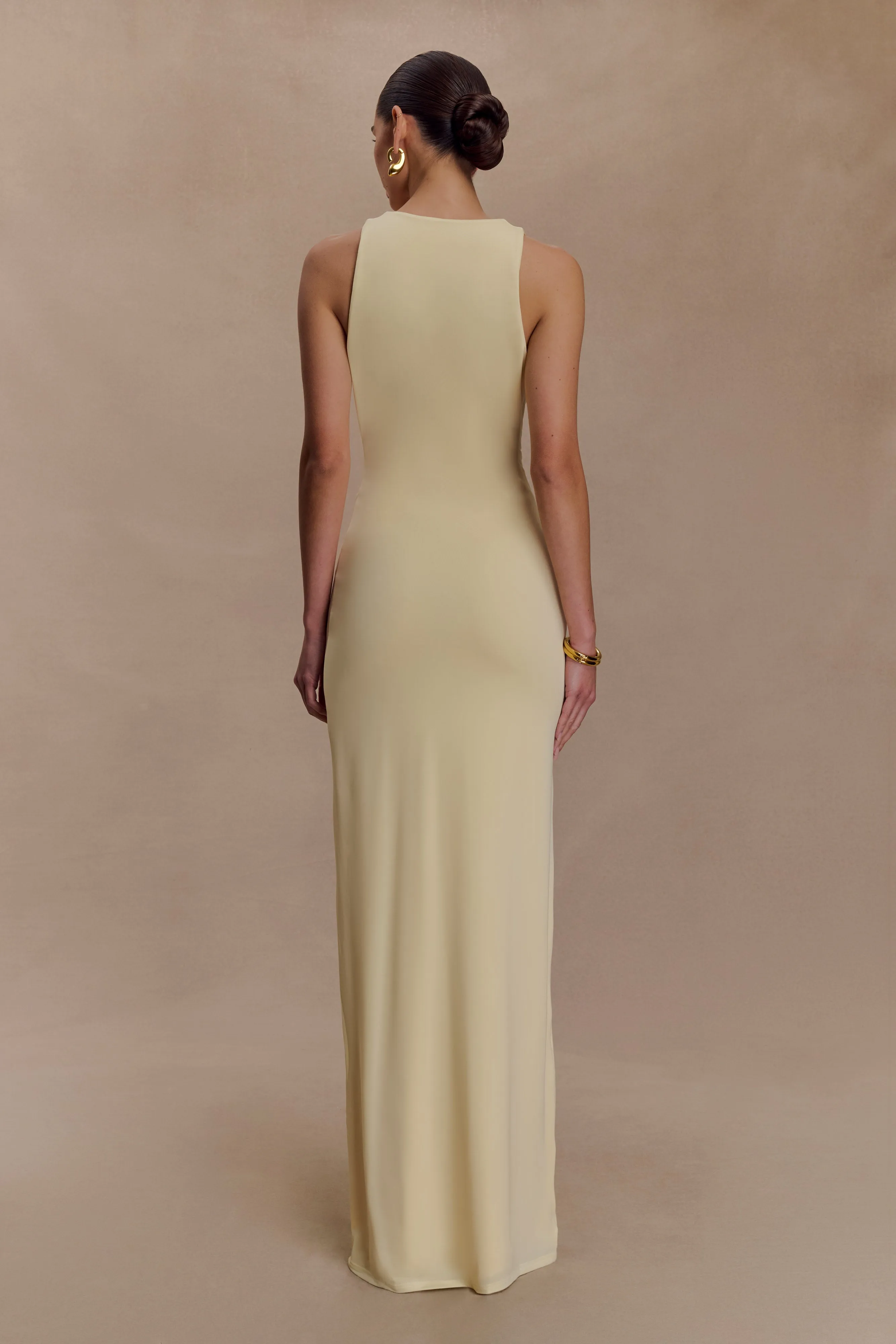 Layered-Sleeve Romantic Hour Stella Draped Slinky Maxi Dress - Pale Lemon