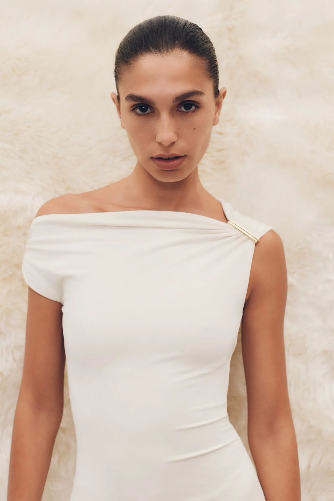 Sophisticated Waist Fit Bride Friend Kinsley Slinky Maxi Dress With Hardware - Ivory