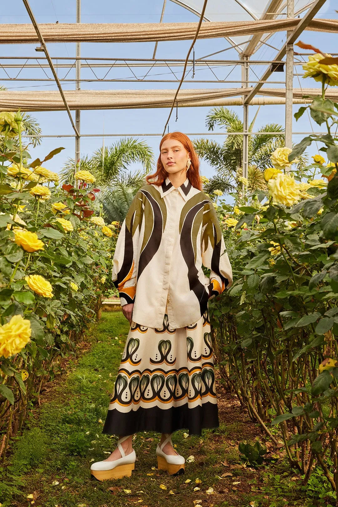 Off-White Coconut Tree Flow Skirt Gathered waist Comfortable Feel