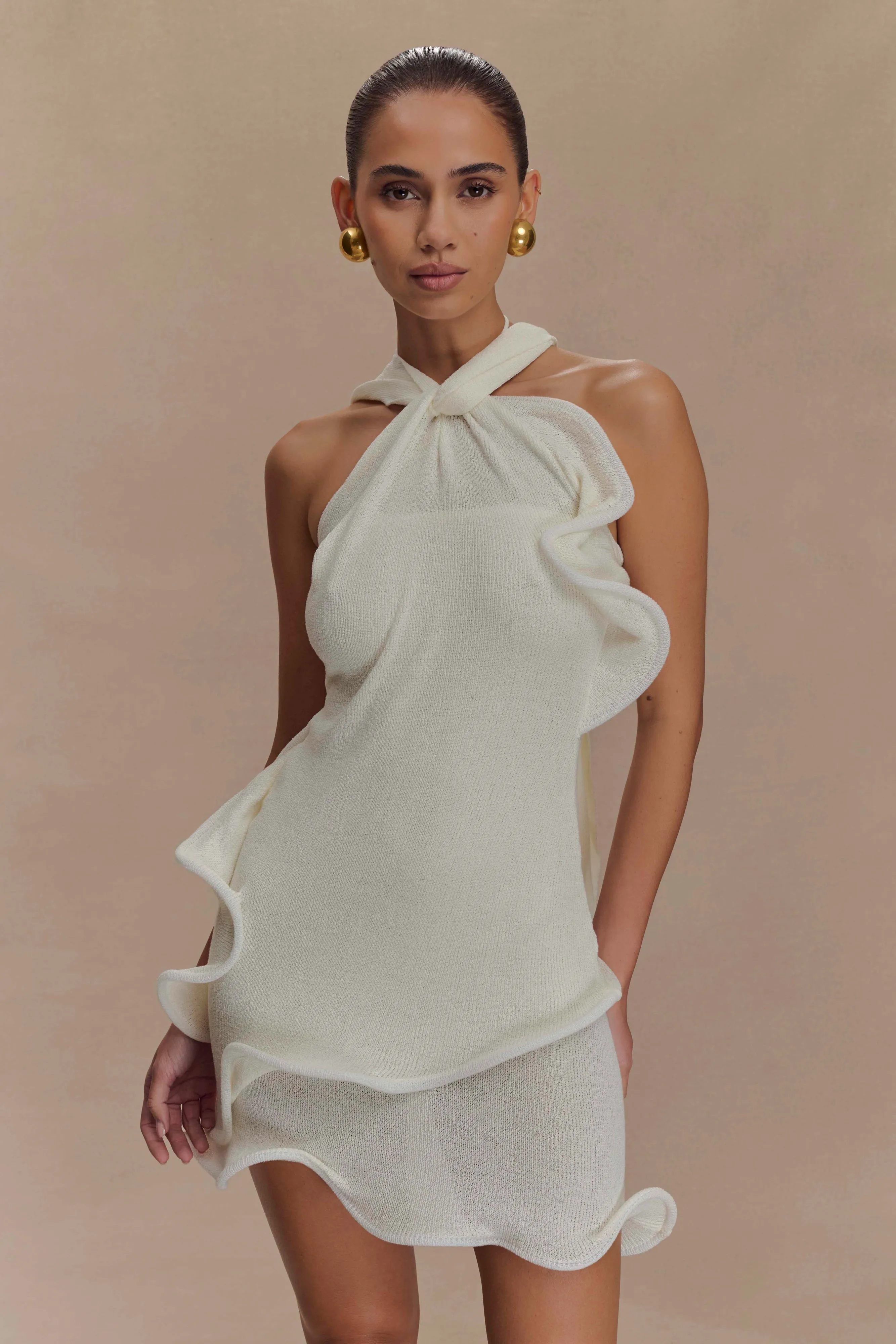 Caprice Halter Knit Mini Dress - White Daytime Look