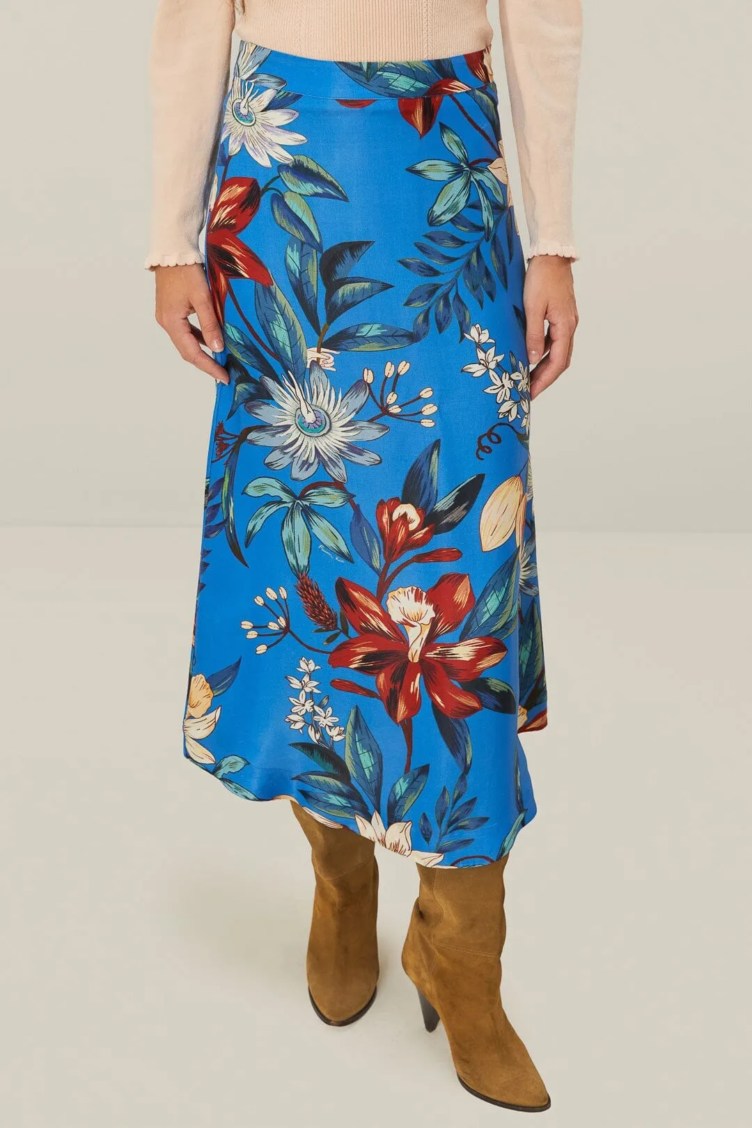Blue Surreal Flowers LENZING? ECOVERO? Midi Skirt party look Relaxed Vibe