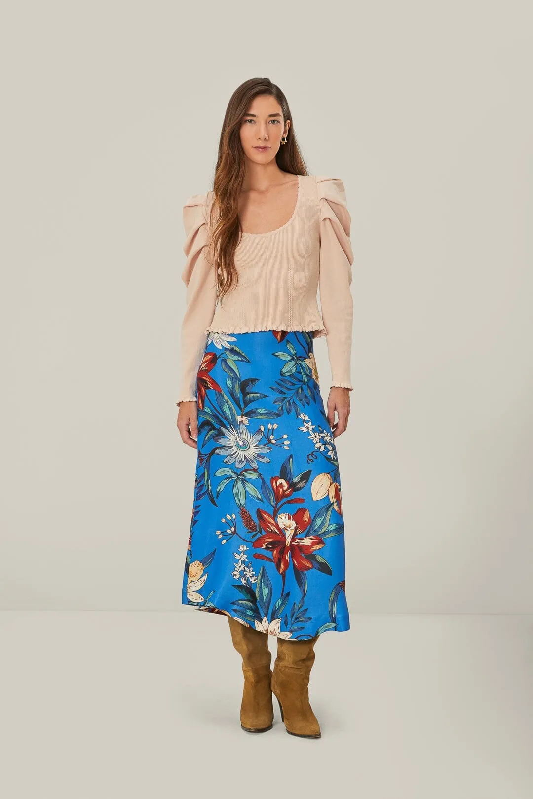 Light Wear Blue Surreal Flowers LENZING? ECOVERO? Midi Skirt