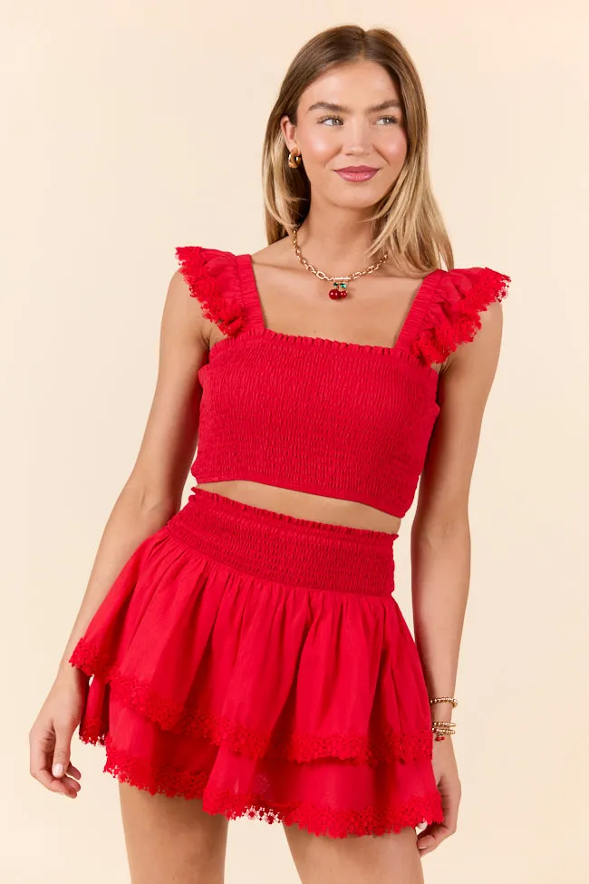Sweet Talk Red Flutter Shoulder Tank and Skort Set SALE Ombre effect Design Detail