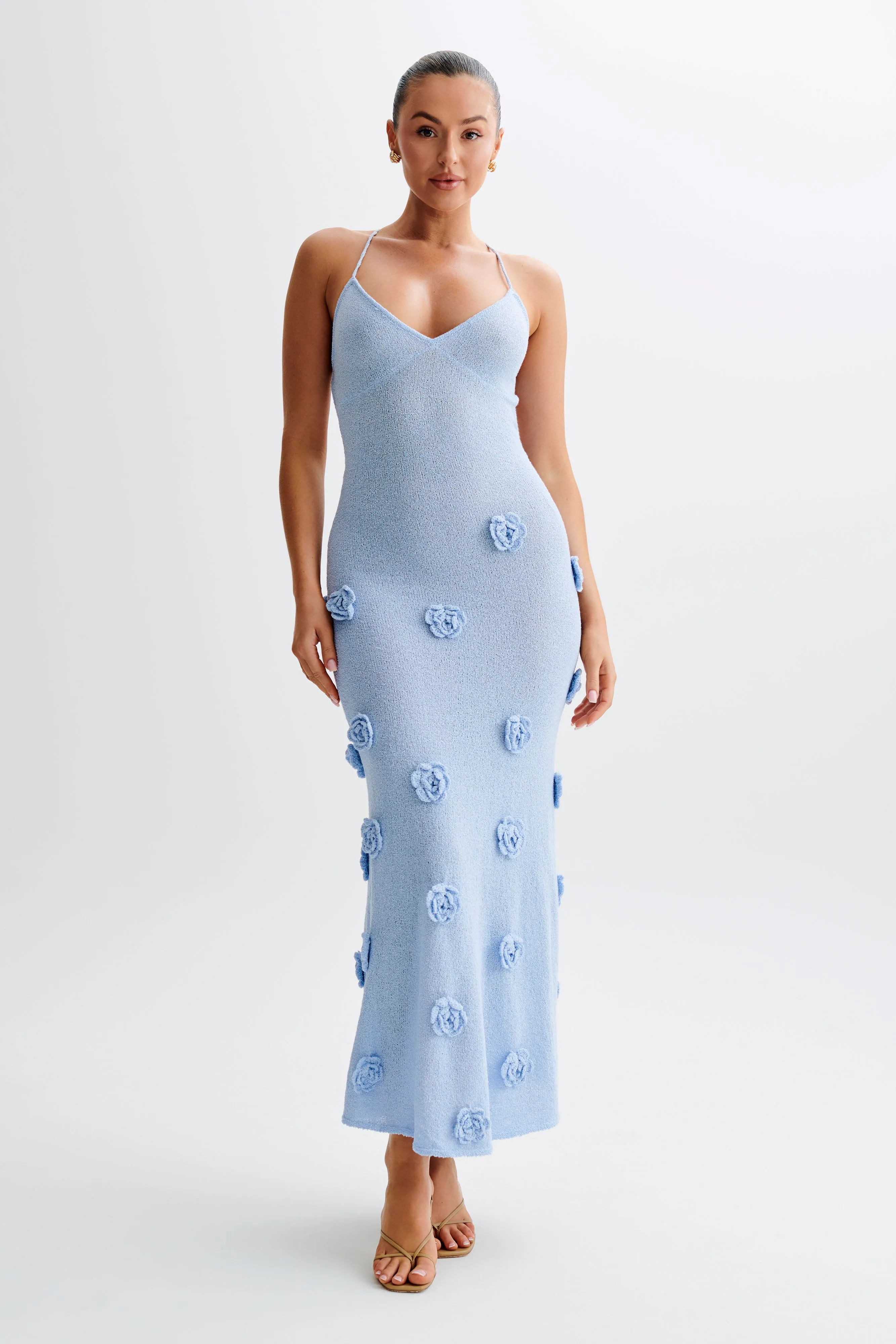 Gentle Aesthetic ContrastStitching Suki Knit Maxi Dress With Flowers - Light Blue
