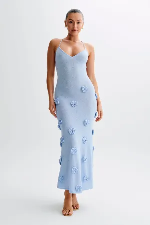 Gentle Aesthetic ContrastStitching Suki Knit Maxi Dress With Flowers - Light Blue